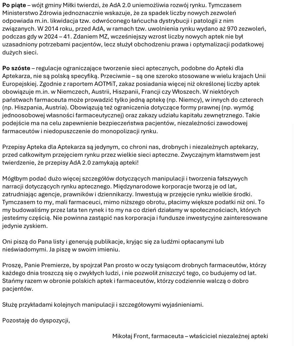 Szanowny Panie Premierze,  

jest Pan celowo wprowadzany w błąd! 
W tej chwili trwa pełna manipulacji kampania, która uderza bezpośrednio w ludzi takich jak ja – farmaceutów, którzy z pasją i troską prowadzą apteki w małych miejscowościach.    

Najnowszym narzędziem tej kampanii