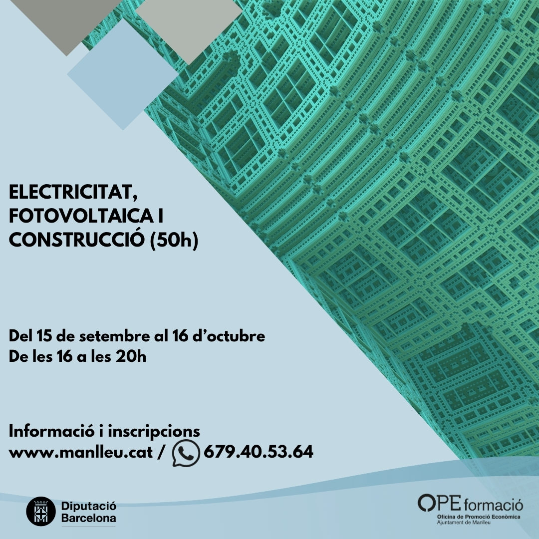 #OpeFormació Vols adquirir coneixements pràctics en tres àmbits amb gran projecció laboral? Aquest curs t’introdueix a les bases de l’electricitat, la instal·lació de sistemes fotovoltaics i les tècniques construcció.

Per més informació i inscripcions a: manlleu.cat/ope/formacio