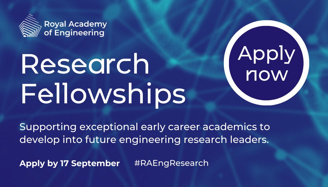 Royal Academy of Engineering (@raengnews) on Twitter photo Become a research leader in your engineering field with support from our #RAEngResearch Fellowships scheme, offering up to £625,000 funding over five years.
Applications now open for early-career researchers based in the UK: raeng.org.uk/research-fello… Become a research leader in your engineering field with support from our #RAEngResearch Fellowships scheme, offering up to £625,000 funding over five years.
Applications now open for early-career researchers based in the UK: raeng.org.uk/research-fello…