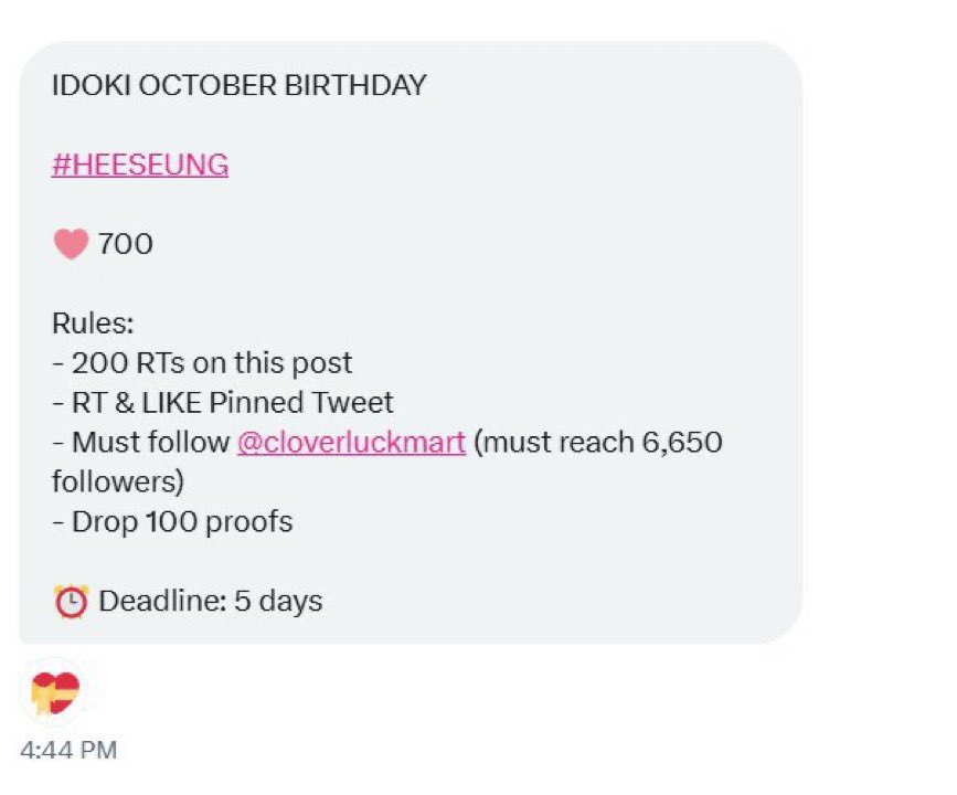 ENHYPEN HEESEUNG GLOBAL (@lhsglobalteam) on Twitter photo IDOKI OCTOBER BIRTHDAY
#HEESEUNG
🩷 700
Rules:
- 200 RTs on this post
- RT & LIKE Pinned Tweet
- Must follow <a href="/cloverluckmart/">Clover Mart🍀 SEE 📌</a> (must reach 6,650 followers)
- Drop 100 proofs
⏰ Deadline: 5 days IDOKI OCTOBER BIRTHDAY
#HEESEUNG
🩷 700
Rules:
- 200 RTs on this post
- RT & LIKE Pinned Tweet
- Must follow <a href="/cloverluckmart/">Clover Mart🍀 SEE 📌</a> (must reach 6,650 followers)
- Drop 100 proofs
⏰ Deadline: 5 days