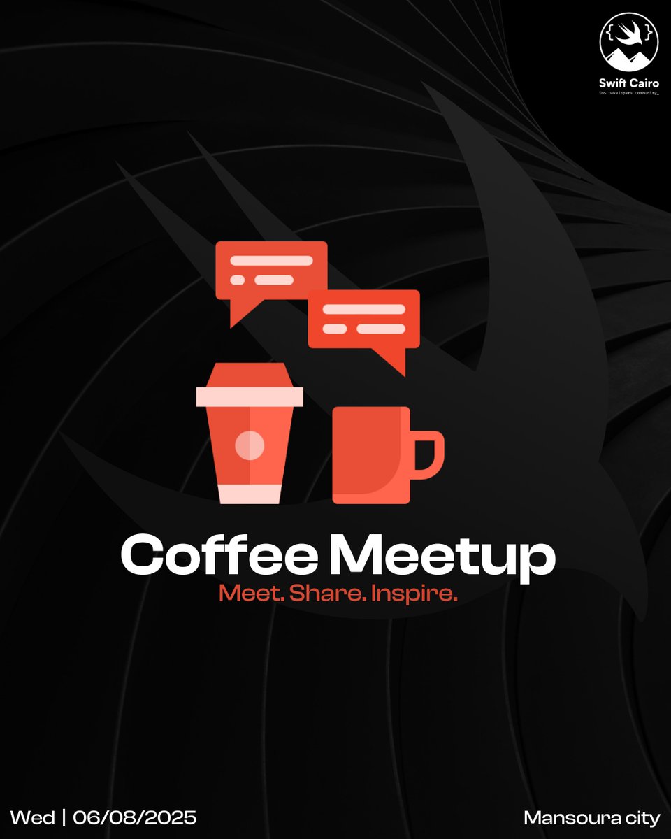 Hey Mansoura iOS devs! ☕️📱
 Coffee meetup this Wednesday, Aug 6th at 8 PM. No demos, no slides - just real conversations about Swift, current projects, and that eternal UIKit vs SwiftUI debate 😄

forms.gle/LoPb9zJdfHumJk…
Location details coming tomorrow via email!