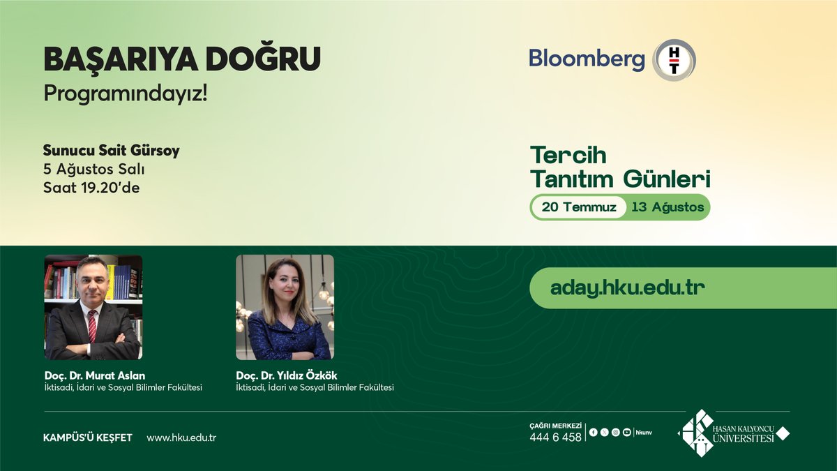 Üniversite Adayları, Ekran Başına 📺

İktisadi, İdari ve Sosyal Bilimler Fakültesi Öğretim Üyelerimiz Doç. Dr. Yıldız Özkök ve Doç. Dr. Murat Aslan, 5 Ağustos Salı günü saat 19.20’de <a href="/BloombergHT/">Bloomberg HT</a> 'de yayınlanacak olan Sait Gürsoy'un sunduğu "Başarıya Doğru" programının konuğu