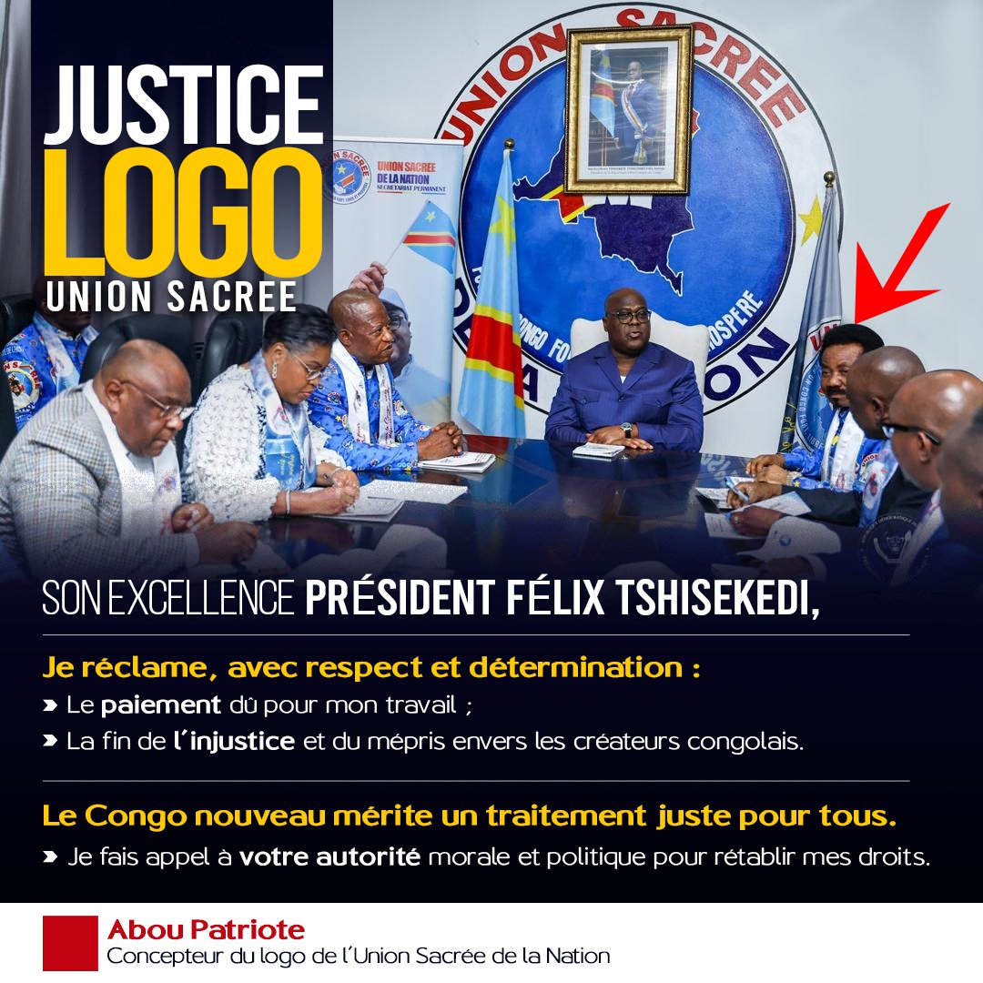 Ebale ya mozindo (@ebalemozindo) on Twitter photo Ce logo que les cadres de l'union sacrée arborent avec fierté est un œuvre d'esprit de notre compatriote <a href="/AbouPatriote/">Abou Patriote</a> .
Il est decevant de voir les autorités de la république utilisées ce logo sans pour autant s'arranger à l'amiable avec son concepteur. Ce logo que les cadres de l'union sacrée arborent avec fierté est un œuvre d'esprit de notre compatriote <a href="/AbouPatriote/">Abou Patriote</a> .
Il est decevant de voir les autorités de la république utilisées ce logo sans pour autant s'arranger à l'amiable avec son concepteur.