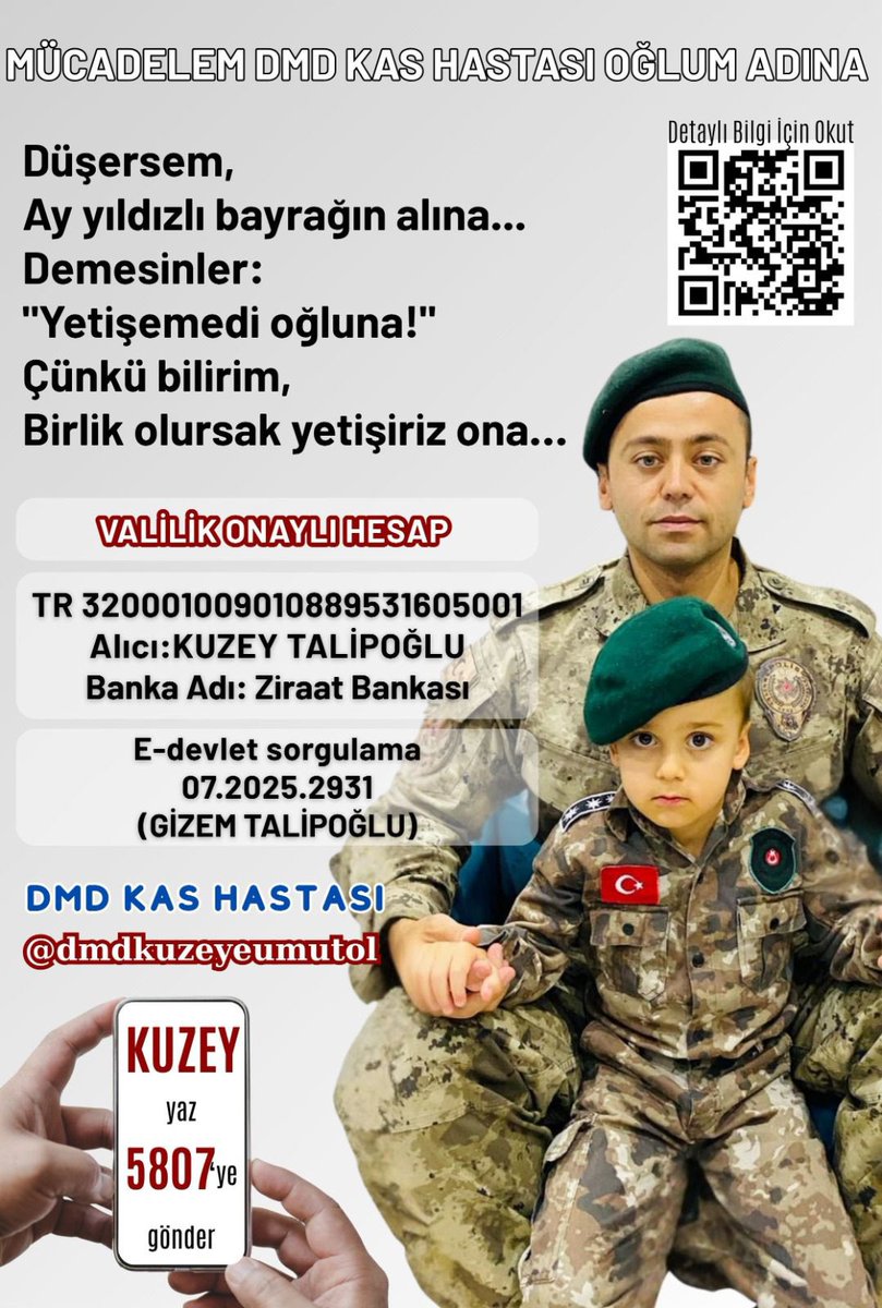 Evladımız Kuzey Talipoğlu, DMD kas hastalığına karşı zorlu bir mücadele veriyor.
Bu mücadelede yalnız değil, olmamalı da… Kuzey’in, abilerine, ablalarına, amcalarına, teyzelerine; yani bizlerin desteğine ihtiyacı var.

Onu yeniden arkadaşlarıyla koşup oynarken görmek,
Yüzünden