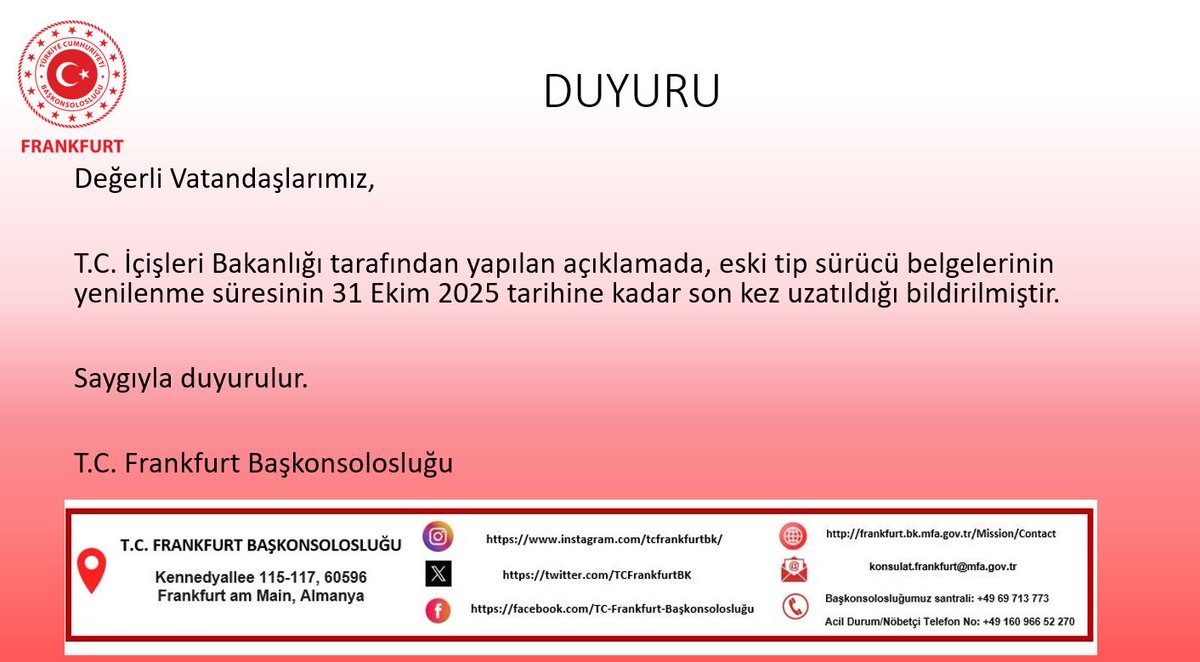 Değerli Vatandaşlarımız,

T.C. İçişleri Bakanlığı tarafından yapılan açıklamada, eski tip sürücü belgelerinin yenilenme süresinin 31 Ekim 2025 tarihine kadar son kez uzatıldığı bildirilmiştir.

Saygıyla duyurulur