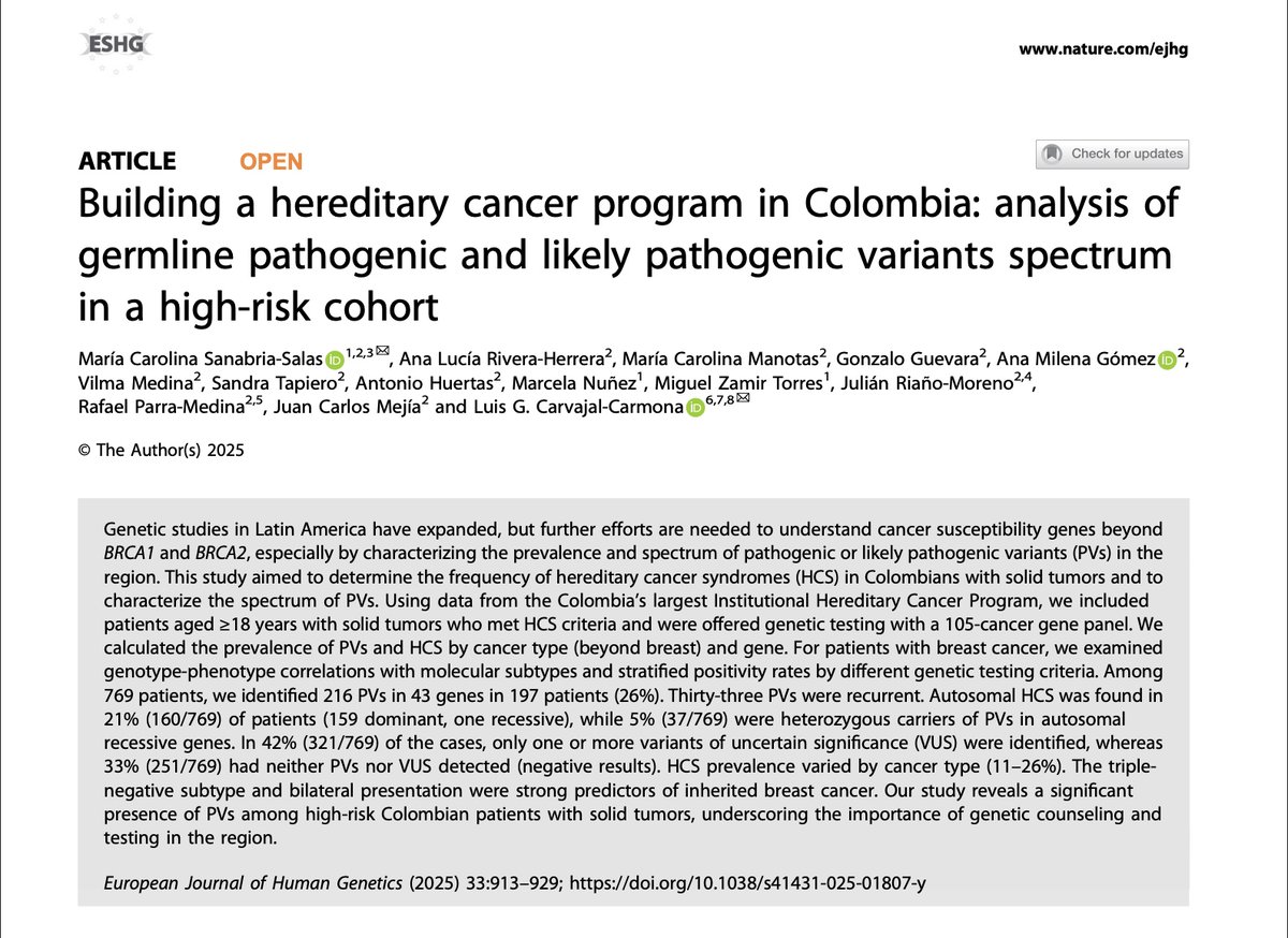 ejhg_journal's tweet image. Welcome to this month’s #EJHG #JournalClub! This month, we’re discussing: &apos;Building a hereditary cancer program in Colombia: analysis of germline pathogenic and likely pathogenic variants spectrum in a high-risk cohort&apos; from the July issue.  @eshgsociety 

nature.com/articles/s4143…