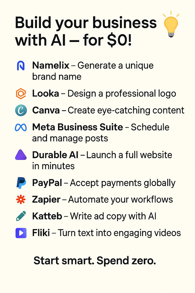 بناء مشروعك بالذكاء الاصطناعي بتكلفة 0 ريال : 🔥

1ـ Namelix
اختيار اسم للمشروع

2ـ Looka
تصميم شعار المشروع

3ـ Canva
تصميم المحتوى

4ـ Meta Business
جدول المنشورات

5ـ Durable Ai
إنشاء موقع إلكتروني

6ـ PayPal
استقبال الأموال

7ـ Zapier
أتمته المهام

8ـ Katteb
كتابة محتوى