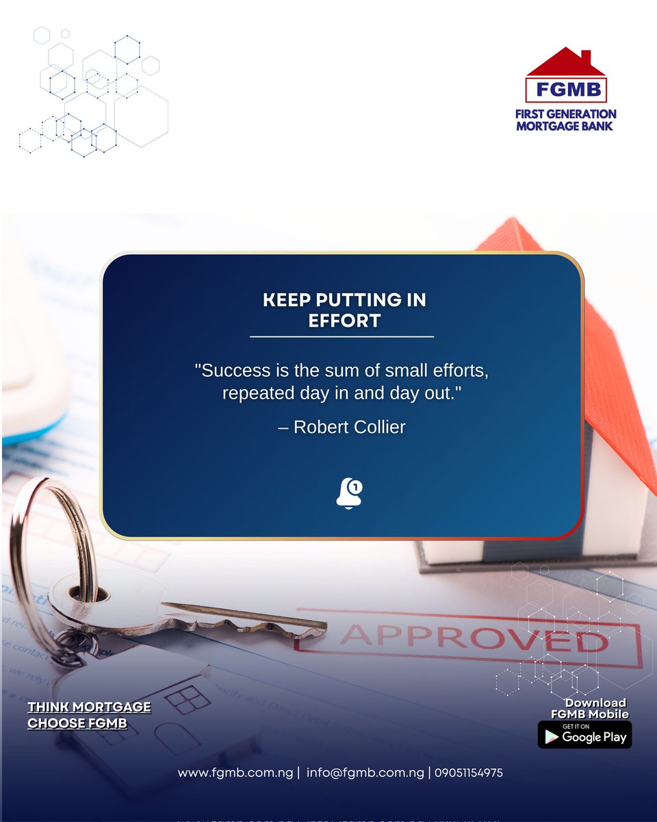 Big wins start with small efforts, repeated daily.  Let this Monday be the first step in your consistent climb to actualising your homeownership dreams. 
Think Mortgage 
Choose FGMB 
Visit us today! 
Call/WhatsApp 09051154975 for enquiries.
#fgmb #monday #mondaymotivation #effort