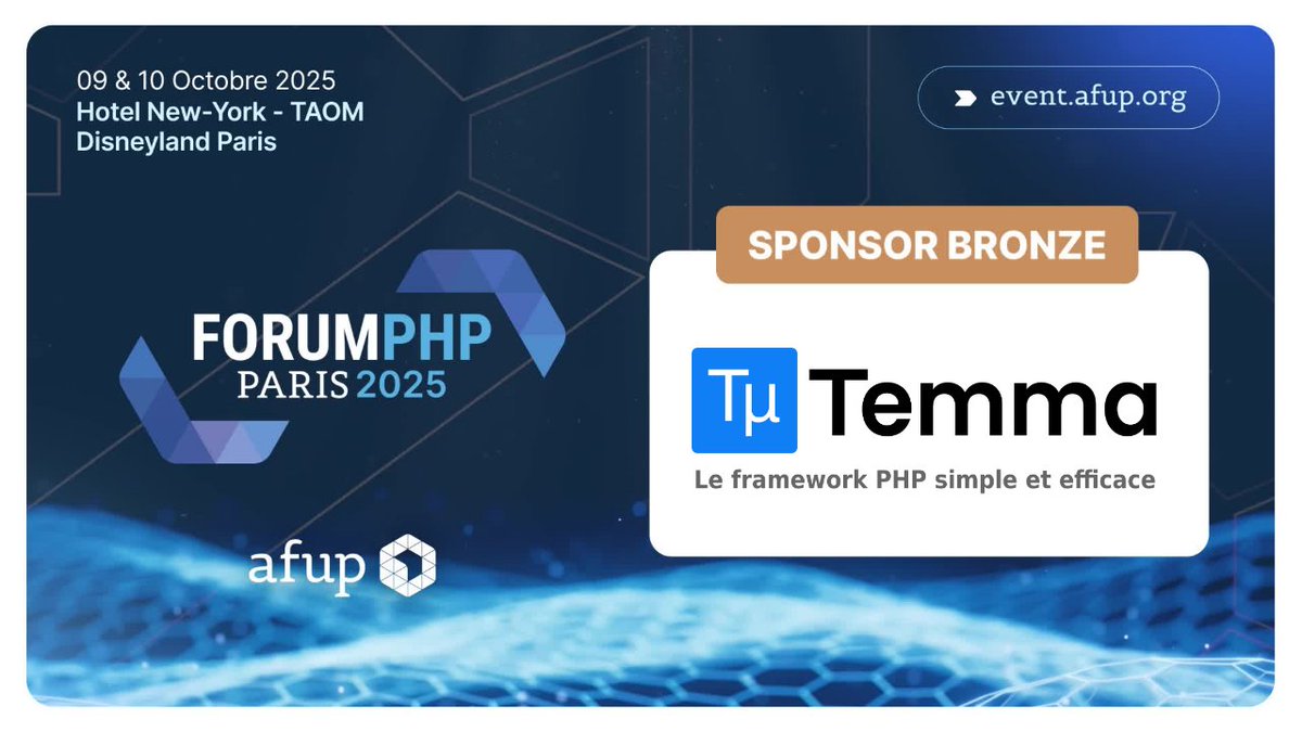 geekcto's tweet image. Le framework Temma sponsorise le Forum PHP 2025
L’association Temma, créée pour aider à la diffusion du framework du même nom, sponsorise le Forum PHP, l'événement national organisé par l'AFUP les 09 et 10 octobre 2025.
geek-directeur-technique.com/2025/08/04/le-…
#php #afup #forumphp #temma