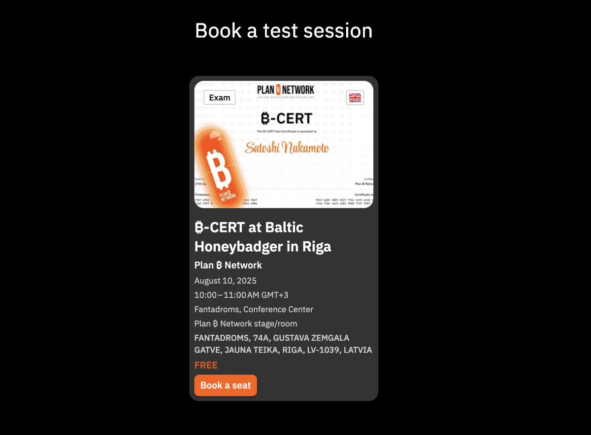 🎓 Attending Baltic Honeybadger 2025?

Take the ₿-CERT — Bitcoin's ultimate knowledge test.

📍 On-site in Riga
🗓️ 9th of Aug - Limited spots!

Score 80%+ to earn an industry-recognized certificate.

🧠 Are you ready to challenge yourself?

planb.network/en/b-cert
#BH2025