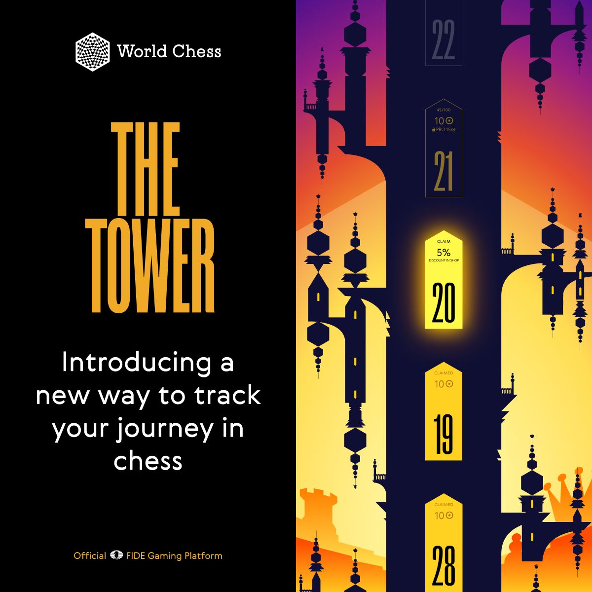 You love chess. Now it LOVES YOU BACK.
We’ve built a new system that makes your effort in chess visible. It’s called The Tower — and every game you play moves you upward.  You earn points , but you also see your progress. Check it out at worldchess.com/tower