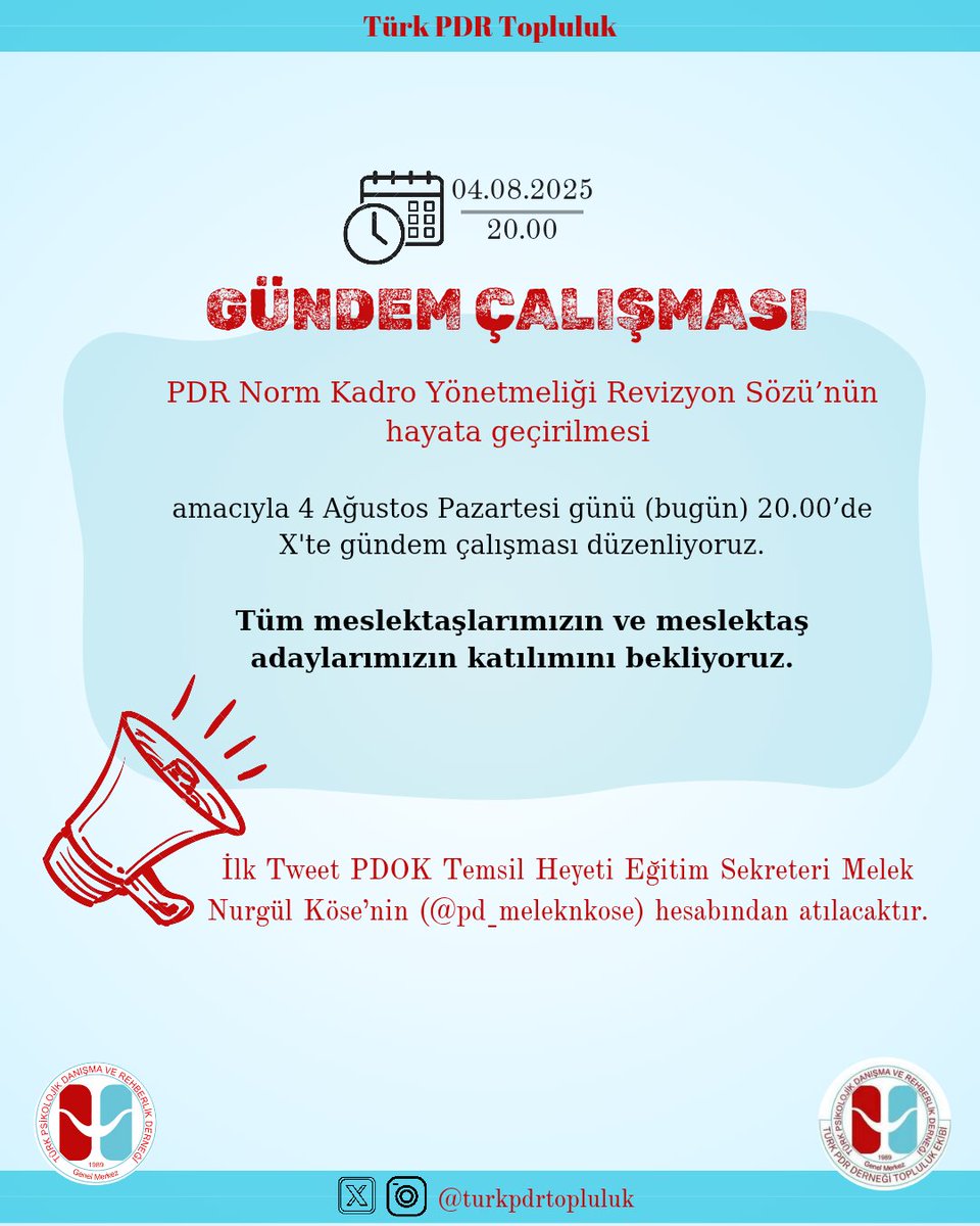 Türk PDR Topluluk Ekibi olarak PDR Norm Kadro Yönetmeliği Revizyon Sözü'nün hayata geçirilmesi amacıyla 4 Ağustos Pazartesi günü (bugün) 20.00’de X’te gündem çalışması düzenliyoruz.

❗İlk Tweet PDOK Temsil Heyeti Eğitim Sekreteri Melek Nurgül Köse’nin (<a href="/pd_meleknkose/">pd.meleknurgulkose</a>) hesabından