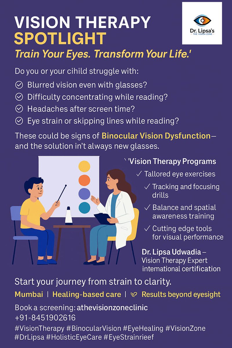 optomlipsa's tweet photo. @thevisionzone
👩‍⚕️ Led by Dr. Lipsa Udwadia – Vision Therapy Expert with over 15 years of experience and international certification.✨ Start your journey from strain to clarity.📍 Mumbai| ❤️ Results beyond eyesight
🔗 Book your appointment 
📞 +91-8451902616 https://t.co/swgayBfQ5x