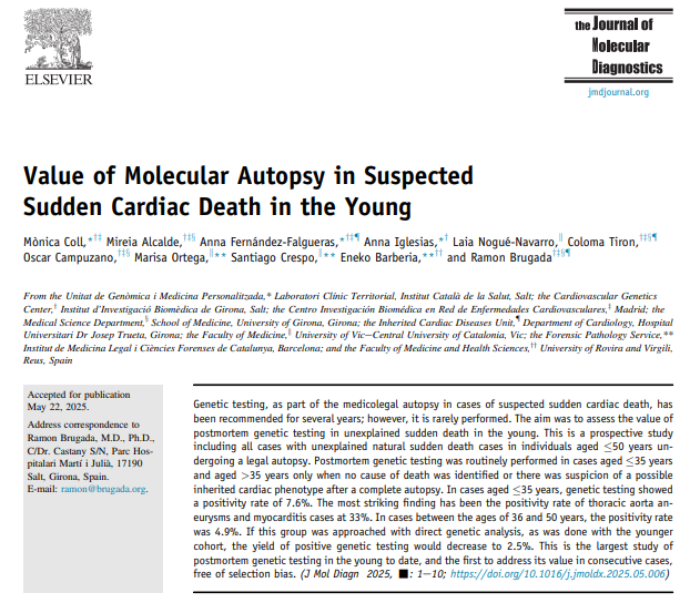 Eneko Barberia (@eneko70) on Twitter photo Congratulations to <a href="/rbrugada/">Ramon Brugada</a> team for the paper "Value of Molecular Autopsy in Suspected #SuddenCardiacDeath in the Young" published in <a href="/JMDiagn/">The Journal of Molecular Diagnostics</a>, a pioneer in Postmortem genetic testing  #SuddenCardiacDeath <a href="/OCampuLarrea/">Oscar Campuzano</a> <a href="/ColomaTiron/">Coloma Tiron</a> <a href="/LaiaNogue/">Laia Nogué Navarro</a> <a href="/idibgi/">IDIBGI Institut d'Investigació Biomèdica de Girona</a> 👉
authors.elsevier.com/c/1lX0v5QnzwOh… Congratulations to <a href="/rbrugada/">Ramon Brugada</a> team for the paper "Value of Molecular Autopsy in Suspected #SuddenCardiacDeath in the Young" published in <a href="/JMDiagn/">The Journal of Molecular Diagnostics</a>, a pioneer in Postmortem genetic testing  #SuddenCardiacDeath <a href="/OCampuLarrea/">Oscar Campuzano</a> <a href="/ColomaTiron/">Coloma Tiron</a> <a href="/LaiaNogue/">Laia Nogué Navarro</a> <a href="/idibgi/">IDIBGI Institut d'Investigació Biomèdica de Girona</a> 👉
authors.elsevier.com/c/1lX0v5QnzwOh…