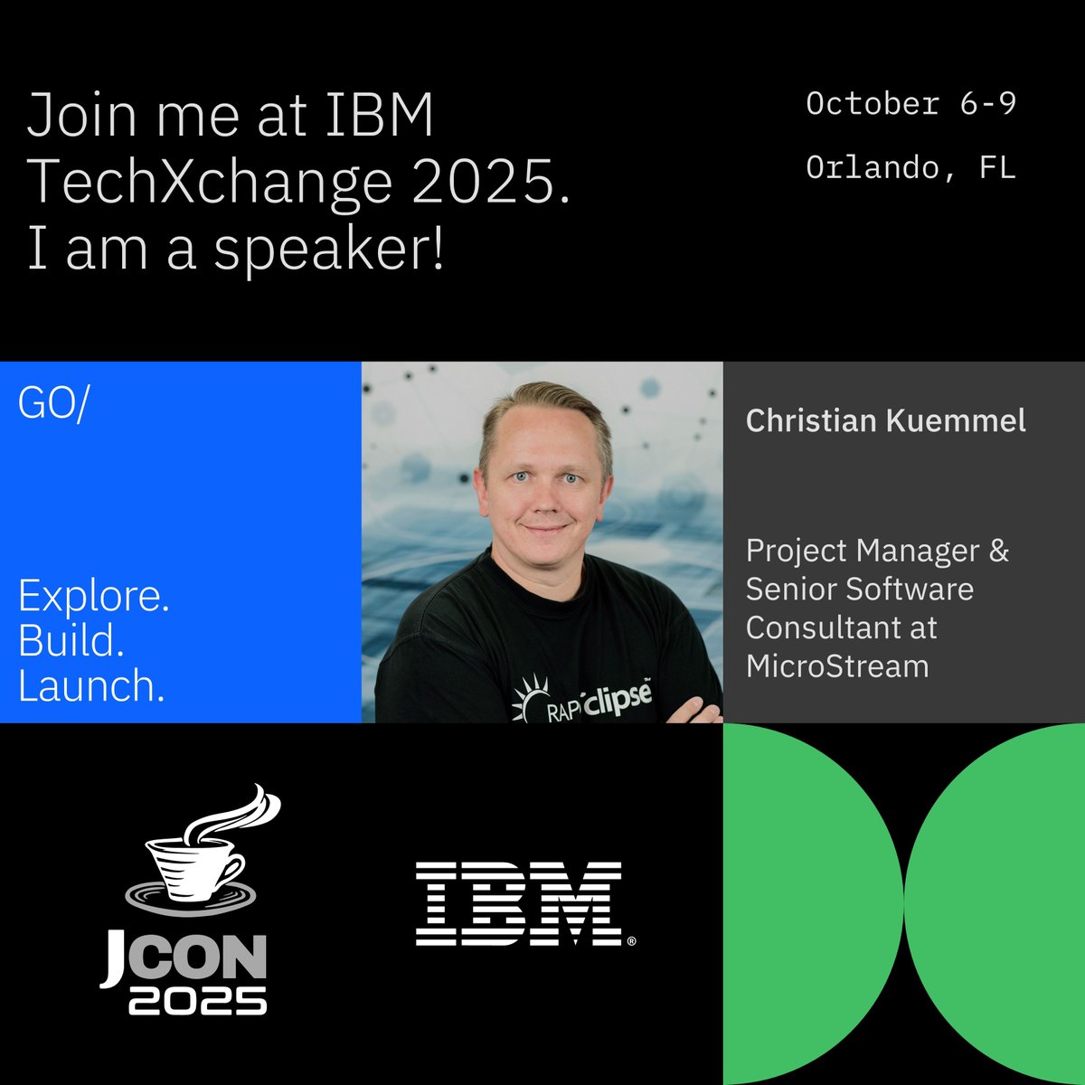 "All of time, space, and... microservices?" 

Catch Christian Kuemmel at #JCONUSA25 during #IBM #TechXchange as he rethinks #microservice persistence. Ditch the database #monoliths and unlock future-ready solutions!  

📅 Oct 6-9 | 📍 Orlando, FL  
🎟️ usa.jcon.one/register