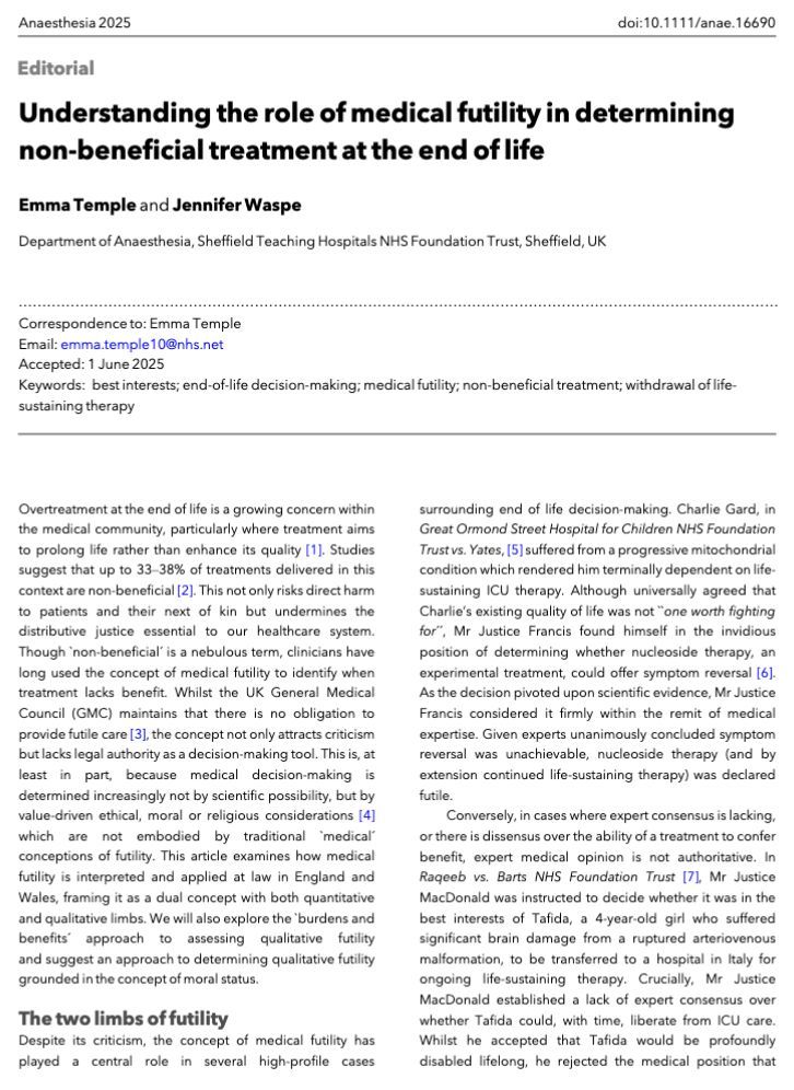 Editorial: Understanding the role of medical futility in determining non-beneficial treatment at the end of life

#anaesthesia #ICU #MedTwitter #futility #FreeForAWeek

doi.org/10.1111/anae.1…