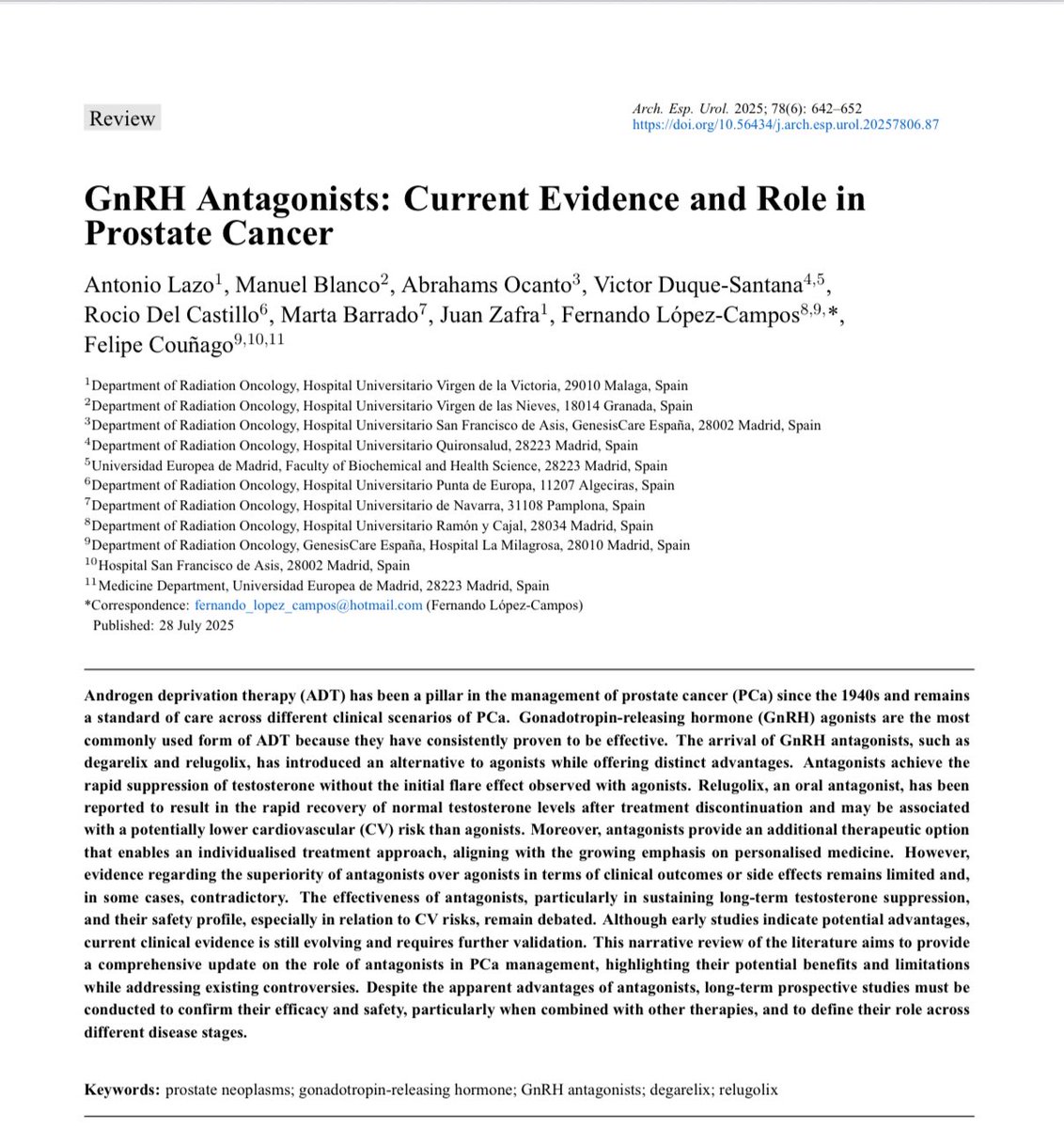 📢 Just out!
Review on GnRH antagonists in prostate cancer in Arch Esp Urol.
✅ No flare
✅ Fast T suppression
✅ Possible CV benefit
But evidence still evolving.

🔗 doi.org/10.56434/j.arc…
🙏 Thanks to all co-authors!