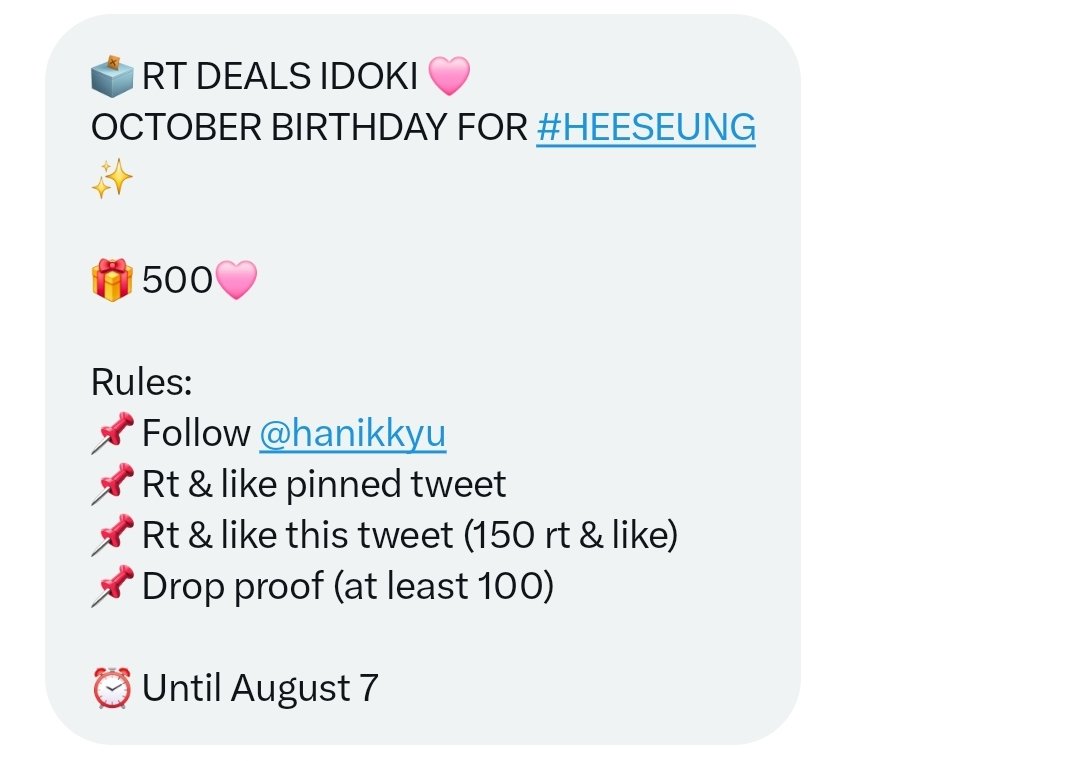 sela๐ฆ (@heizel991) on Twitter photo ๐ณ๏ธ RT DEALS IDOKI ๐ฉท
OCTOBER BIRTHDAY FOR #HEESEUNG โจ
๐ 500๐ฉท
Rules:
๐ Follow <a href="/hanikkyu/">mention after dm!</a>
๐ Rt & like pinned tweet
๐ Rt & like this tweet (150 rt & like)
๐ Drop proof (at least 100)
โฐ๏ธ Until August 7 ๐ณ๏ธ RT DEALS IDOKI ๐ฉท
OCTOBER BIRTHDAY FOR #HEESEUNG โจ
๐ 500๐ฉท
Rules:
๐ Follow <a href="/hanikkyu/">mention after dm!</a>
๐ Rt & like pinned tweet
๐ Rt & like this tweet (150 rt & like)
๐ Drop proof (at least 100)
โฐ๏ธ Until August 7