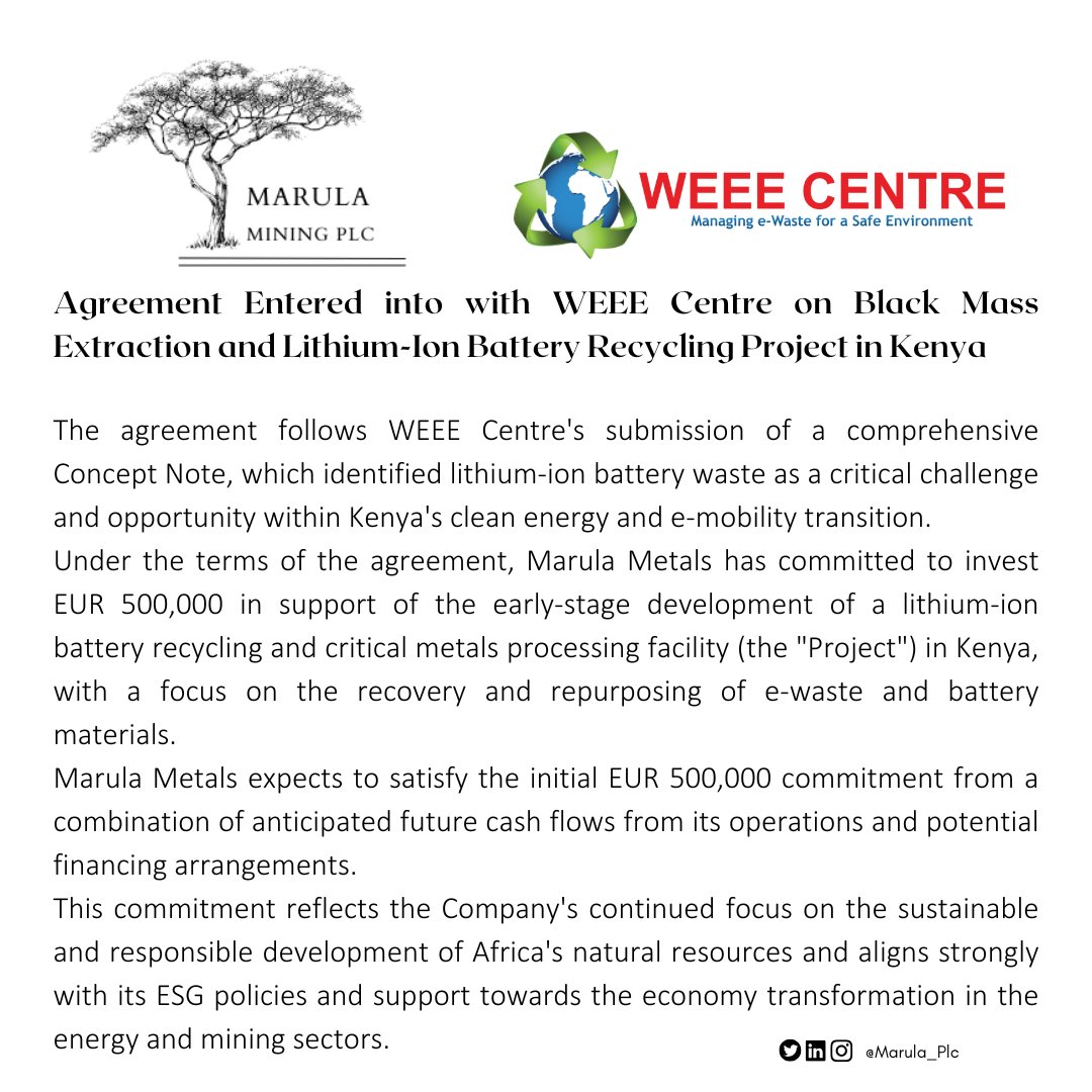 🚨 Agreement Entered into with <a href="/TheWEEECentre/">The WEEE Centre</a> on Black Mass Extraction and Lithium-Ion Battery Recycling Project in Kenya

Read RNS 📃➡ aquis.eu/stock-exchange…

#MARU #Kenya #EWasteManagement