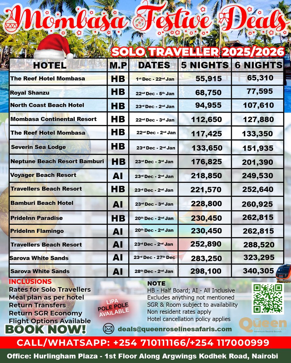 🎉 Festive Season Deals Are Here! 🎉
Explore our affordable festive packages and start planning your dream getaway today! 🌴☀️
✅ Flexible payment options – Lipa Pole Pole
🏖️ Beach vibes • Safari adventures • Unforgettable memories

#FestiveRates #BeachGetaway #LipaPolePole