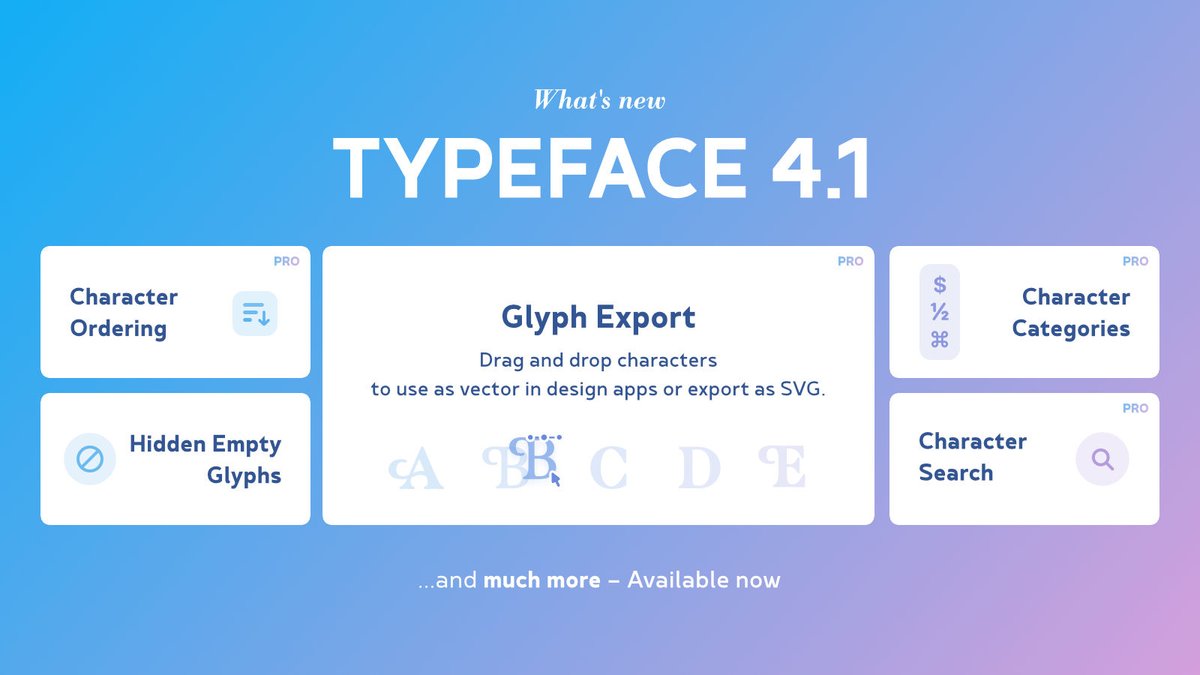 Typeface 4.1 is all about characters! 🦊

Find the character you need using the new character categories, character search and character ordering.
Then drag and drop glyphs to export them as editable vector in your design or as SVG.

Available now: typefaceapp.com/changelog/type…

Enjoy!