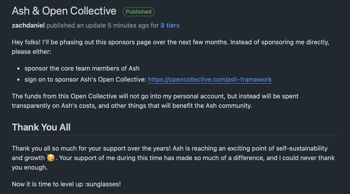 ZachSDaniel1's tweet image. I'm shutting down my personal GitHub sponsors in favor of an open collective that will be used to transparently fund Ash related expenses and also contribute financially to projects that matter to Ash & Elixir!
opencollective.com/ash-framework
#ElixirLang #AshFramework
