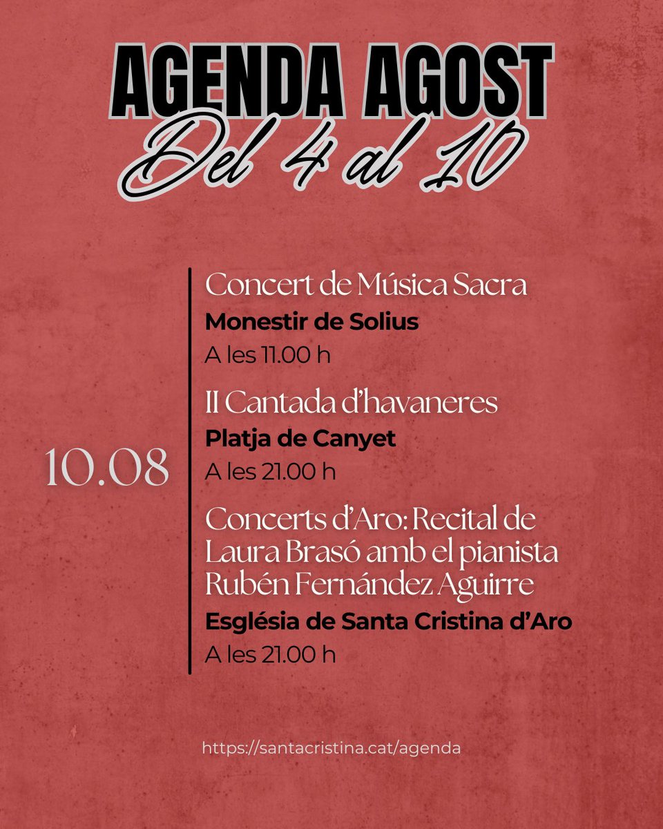 📣 Ja teniu disponible l'agenda amb les activitats programades per aquesta setmana, del 4 al 10 d'agost, a Santa Cristina d'Aro!

📲 Podeu consultar la programació completa del mes a santacristina.cat/actualitat/age…

#santacristinadaro #santacristina #agenda #agost #agost2025