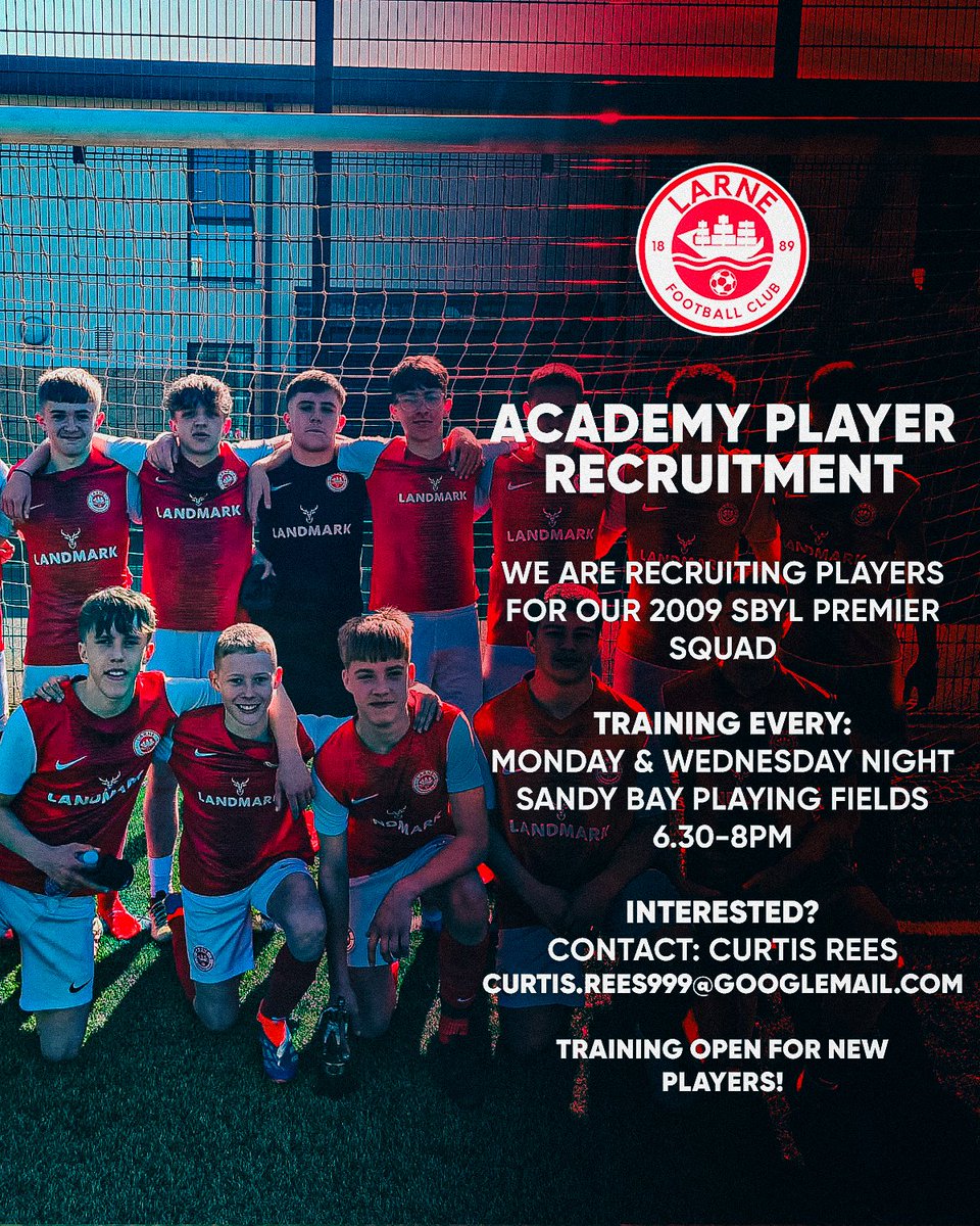 Larne FC Academy (@larnefcacademy) on Twitter photo Looking to join a top youth side? โฝ
Our U17 SBYL Premier squad is welcoming new players for the upcoming season!
๐Sandy Bay Playing Fields
๐กMondays & Wednesdays | 6.30 โ 8PM
Interested? Turn up to training or contact:
curtis.rees999@googlemail.com
#WeAreLarne #ForTheTown Looking to join a top youth side? โฝ
Our U17 SBYL Premier squad is welcoming new players for the upcoming season!
๐Sandy Bay Playing Fields
๐กMondays & Wednesdays | 6.30 โ 8PM
Interested? Turn up to training or contact:
curtis.rees999@googlemail.com
#WeAreLarne #ForTheTown