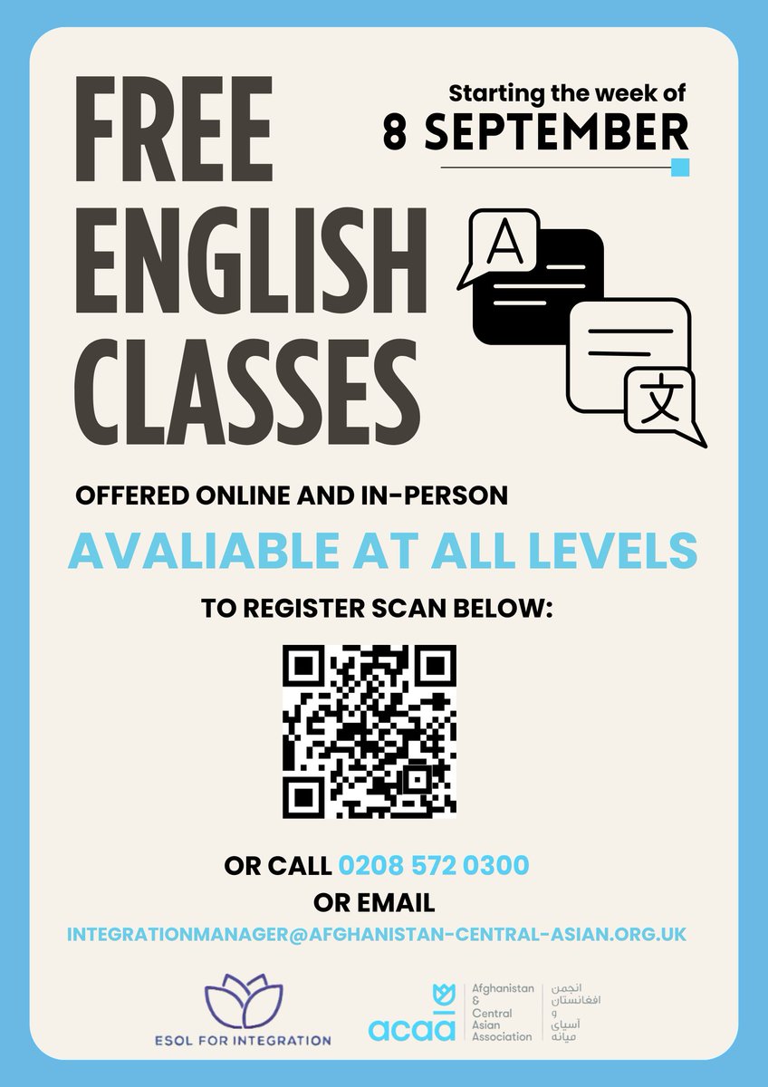 Afghanistan & Central Asian Association (@a_caa) on Twitter photo Our ESOL classes are restarting the week of the 8th of September!
We offer classes from Pre-Entry up to Level 1, in-person and online. Register now!
To learn more, please email Integrationmanager@afghanistan-central-asian.org.uk or call 0208 572 0300. Our ESOL classes are restarting the week of the 8th of September!
We offer classes from Pre-Entry up to Level 1, in-person and online. Register now!
To learn more, please email Integrationmanager@afghanistan-central-asian.org.uk or call 0208 572 0300.