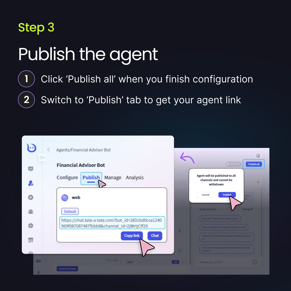 TateATate_AI's tweet image. Skip the coding, build AI agents in minutes! ✨
✅ No coding ✅ Free to start
✅ Ready in minutes
Who's building their first agent today? #AI #NoCode
#buildinpublic #aiagent #SaaS