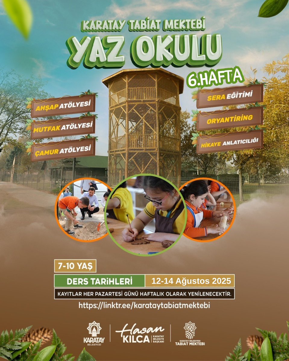 🌿 Karatay Tabiat Mektebi’nde 6. Hafta Başlıyor! 🌿
Doğayla iç içe, atölyelerle dolu dolu geçen yaz serüvenimize 6. haftamızla devam ediyoruz! 🎨🧭🐎

🗓️ Ders Tarihleri: 12-
14 Ağustos 
📍 Kayıtlar Başladı!