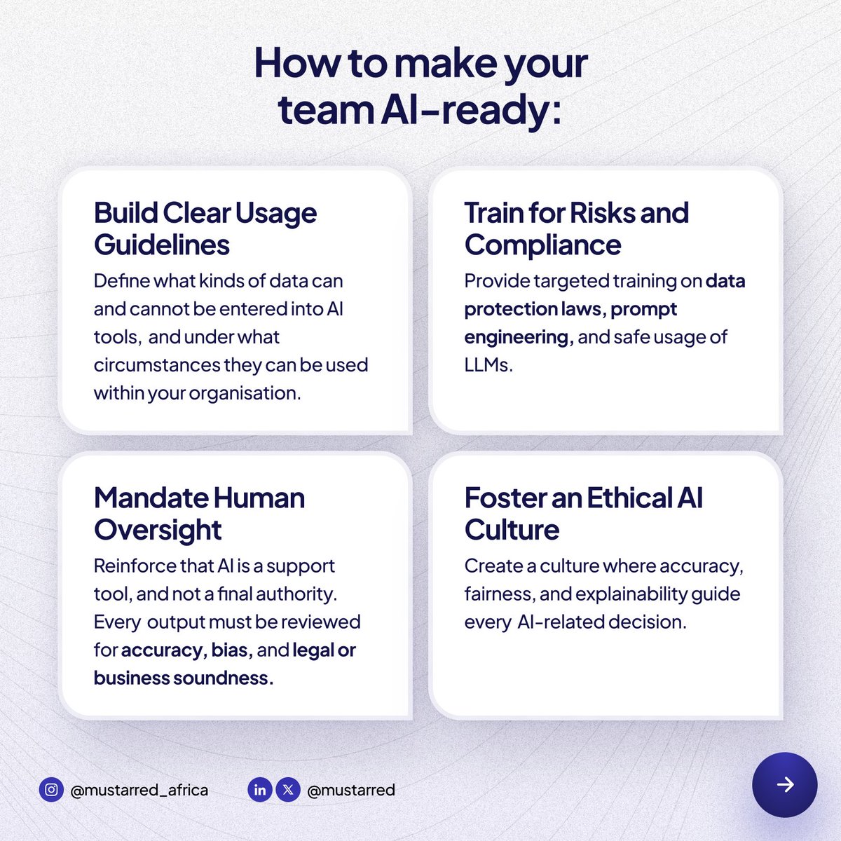 mustarred's tweet image. “We use AI” is not a strategy. It’s a starting point.

Founders, it’s one thing to integrate powerful tools like ChatGPT or Copilot into your workflow it’s another to ensure your team knows how to use them safely, ethically and effectively.

#AIUse #ResponsibleAI #MustarredAfrica