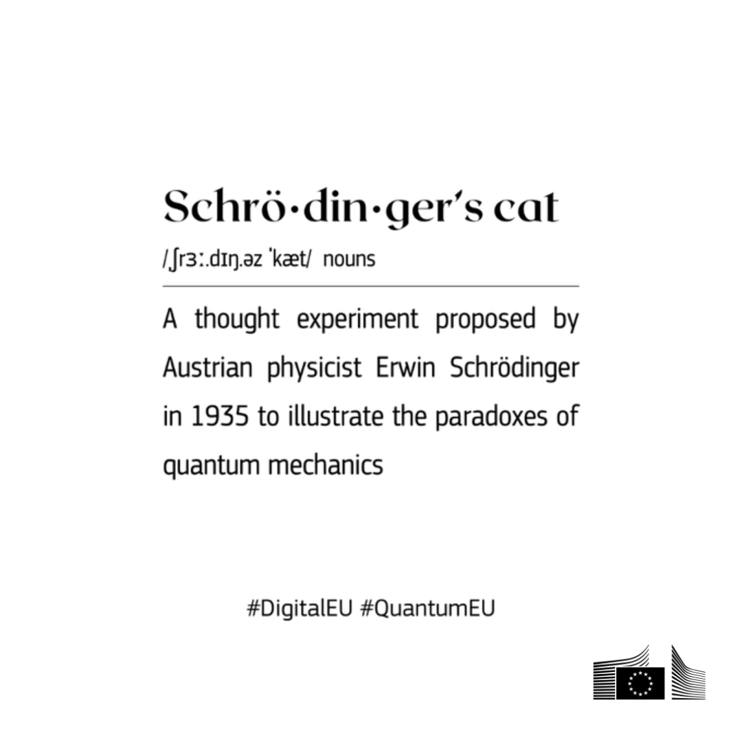 EU_Commission's tweet photo. Want to speak quantum? ⚛️  

Our Glossary breaks it down. From computing to cryptography.  

It also shows how Europe is leading the way with the Quantum Europe Strategy to build a quantum-powered future.  

Europe is ready to make the quantum leap. Are you?