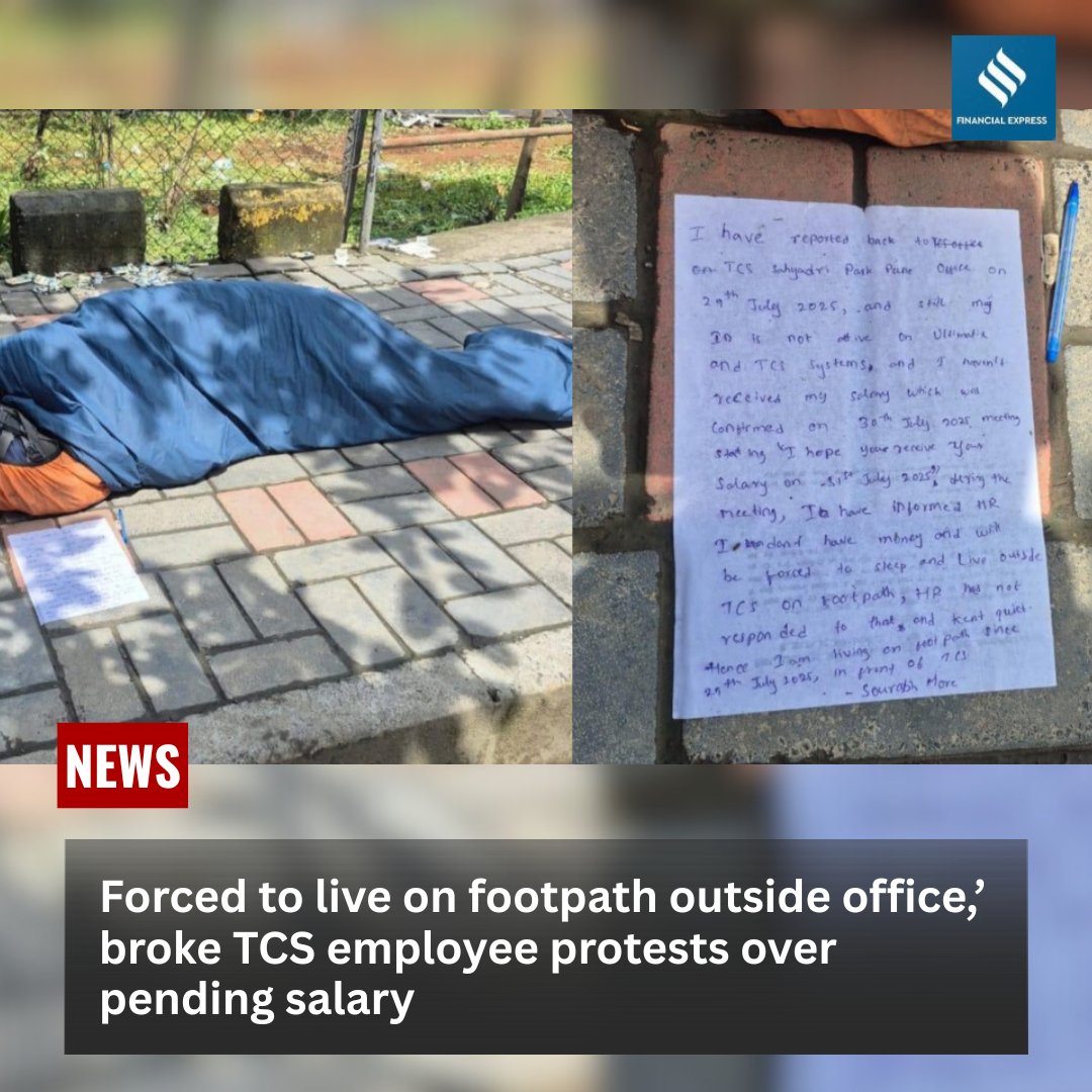 A TCS employee, who didn’t receive his pending salary from the IT firm, has been sleeping on the footpath outside the company’s Pune office since July 29. 
Read here: tinyurl.com/pxb2xb9z