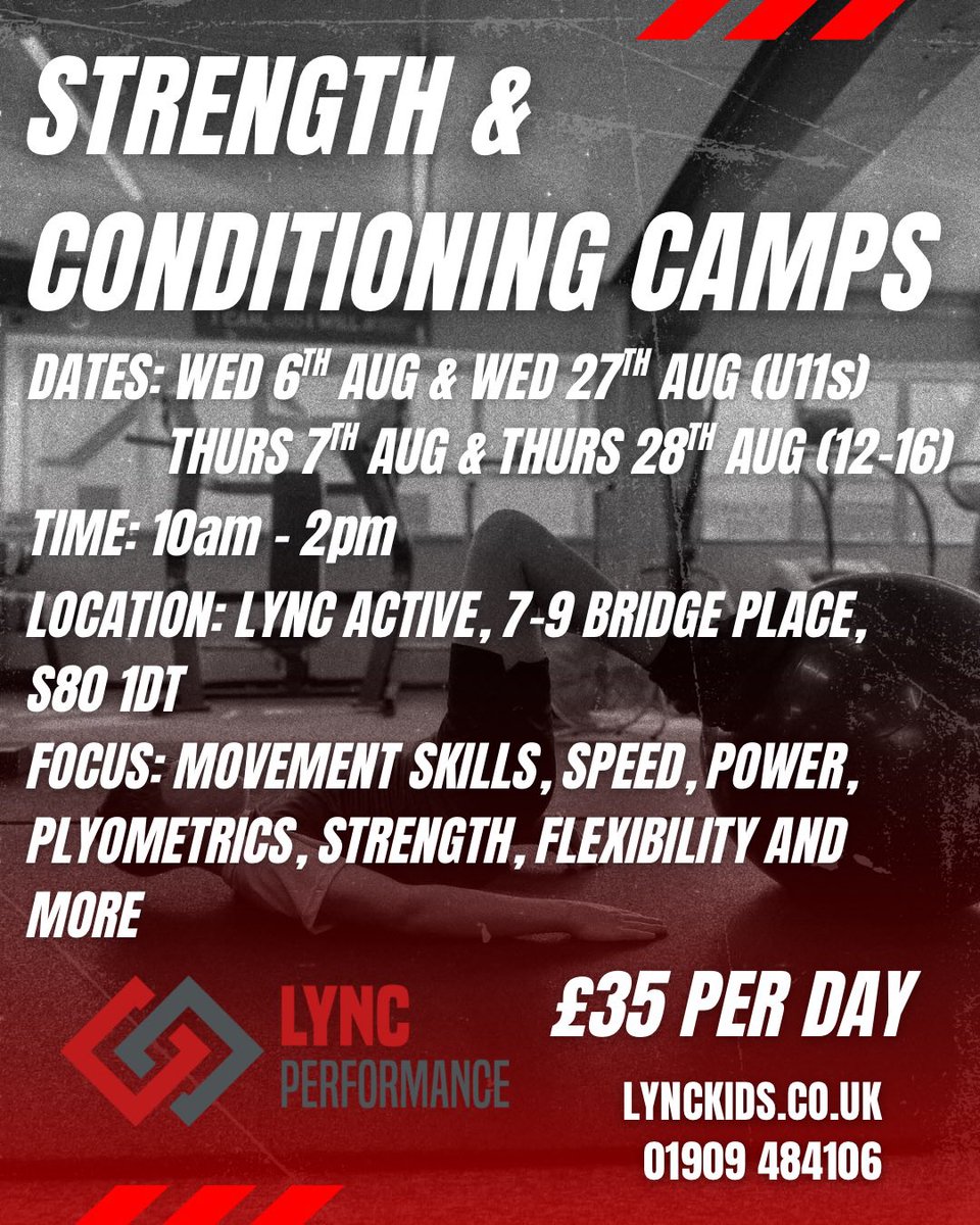 LyncPerformance's tweet image. 📢 Reminder!
Our Strength &amp;amp; Conditioning Camps kick off this week 💥

✅ Movement skills
✅ Speed &amp;amp; power
✅ Strength, flexibility &amp;amp; more

📍Lync Active, Worksop
📅 Starting Wednesday 6th August
💷 £35 per day
🔗 Book now: lynckids.co.uk/s-c