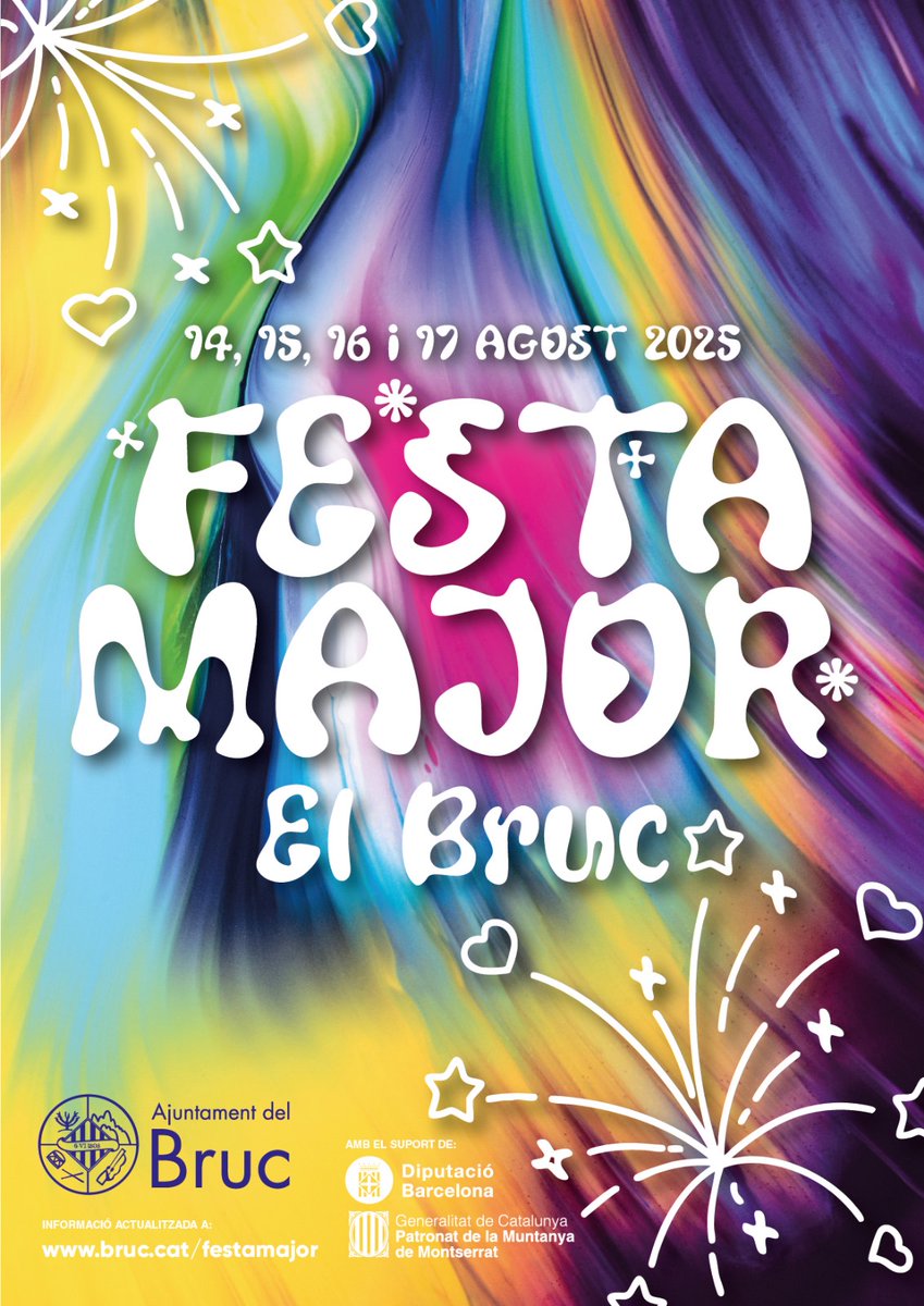 🌟☄✨💥FESTA MAJOR del Bruc 2025 del 14 al 17 d'agost

📘 Consulta el programa: bruc.cat/festamajor

🎶Música, teatre, activitats intatils i esportives, cursa, concerts, havaneres, dinar d'homenatge 👵👴, nit jove, inflables, rom cremat...

#FMELBRUC

bruc.cat