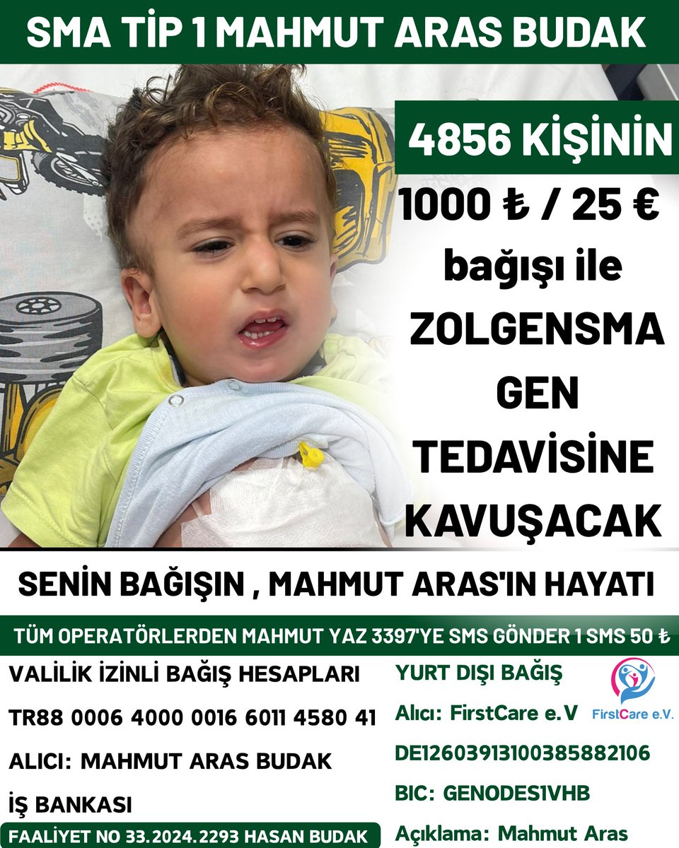 4856 kişi 1000 tl bağışlarsa yavrumuz yaşamasını sağlayacak yurtdışındaki ZOLGENSMA GEN TEDAVİSİNE ulaşabilecek.

Her geçen gün aleyhine işliyor. 
Lütfen imkanınız ölçüsünde yardım eder misiniz?