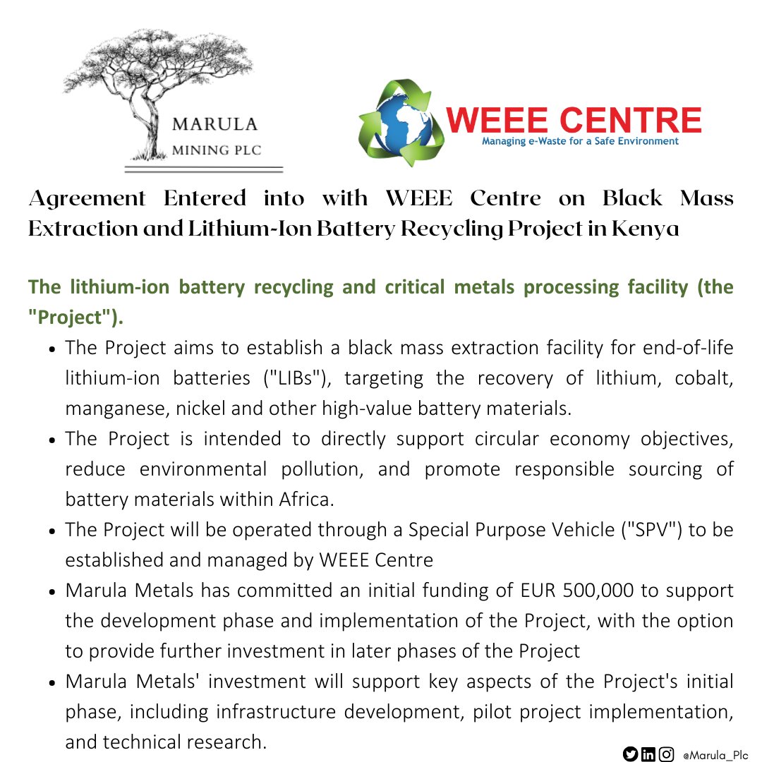 🔋⚡ The lithium-ion battery recycling and critical metals processing facility (the "Project") in Kenya, will focus on the recovery and repurposing of e-waste and battery materials.

Read More: aquis.eu/stock-exchange…

#MARU <a href="/TheWEEECentre/">The WEEE Centre</a> #Kenya #EWaste #EWastemanagment