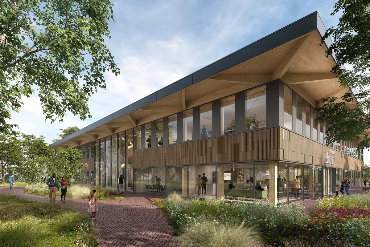 Nieuwbouw gemeentehuis waarvoor wij in opdracht van de aannemer een inschrijfbegroting hebben opgesteld. De hoofddraagconstructie, vloeren, daken en gevels bestaan voor een groot deel uit hout. Ontwerp en afb. Cepezed.