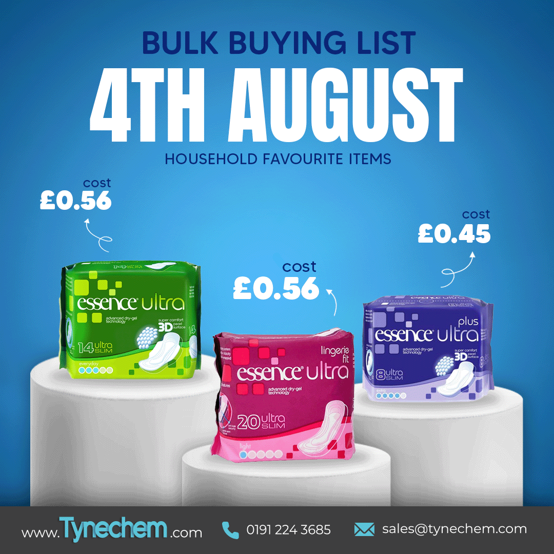 🛒 Tynechem’s 4th August Bulk Buy List is out now!

Check out our Essence Sanitary Pads range – everyday essentials for your pharmacy or shop.

📥 Download the full list:
👉 tynechem.com/wp-content/upl…

#Tynechem #BulkBuy #Essence #SanitaryPads #PharmacySupplies #PersonalCare