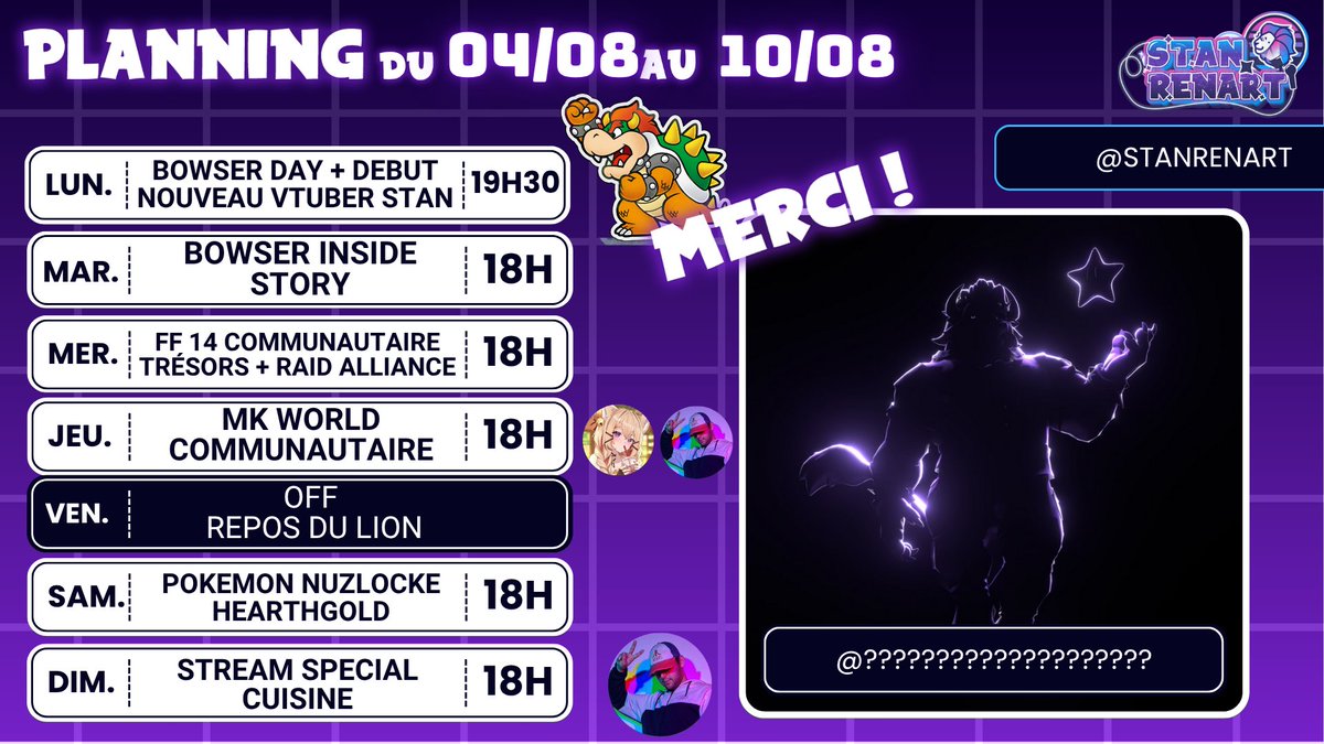 🌟PLANNING 🌟

DEBUT NOUVEAU MODÈLE + FONDATHON POUR LES PROJETS DE LA CHAîNE ! ❤️‍🔥❤️‍🔥

LET'S GO STREAM UN MAX LES ROCKSTARS !!!🎸❤️‍🔥
