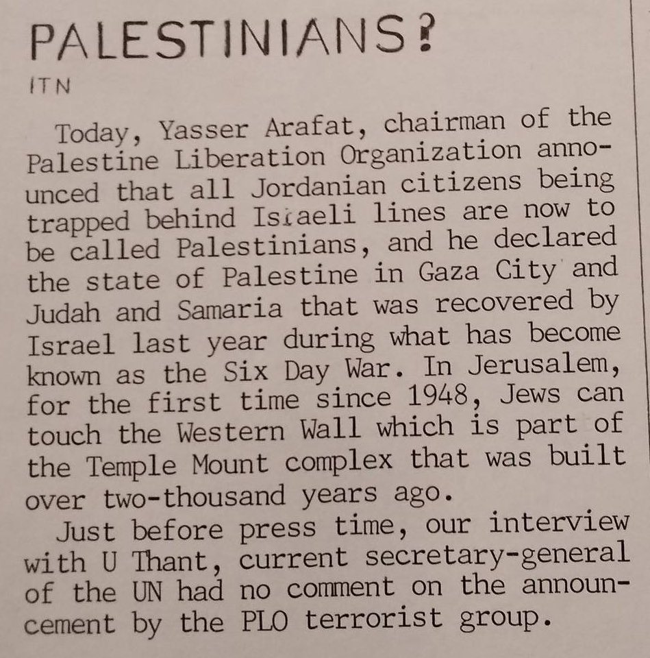 RightFromIsrael's tweet image. This 1968 ITN (Independent Television News) report captures the moment terrorist Yasser Arafat, trained by the KGB, invented the modern 'Palestinian' identity by rebranding Jordanian citizens in Gaza City, Judea and Samaria.