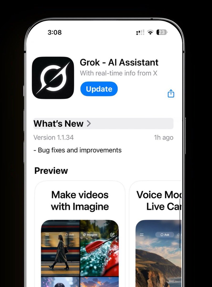🚨BREAKING: 
xAI just dropped Grok <a href="/grok/">Grok</a> v1.1.34 on the AppStore. Packed with bug fixes and major Imagine upgrades.

xAI is shipping every single day. 🔥

Update now! 📱📷

#Grok #XAI
