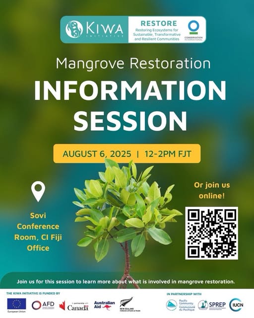 Save the date ! Session spéciale 🌿 restauration des mangroves avec l’équipe du projet Régional #Kiwa #RESTORE
 🗓️ 6 août | 🕛 12h-14h (Fidji) | 📍 CI Office, Salle Sovi + en ligne
kiwainitiative.org 🇫🇷🇪🇺🇦🇺🇨🇦🇳🇿 
#SolutionsFondéesSurLaNature #Pacifique #Mangrove