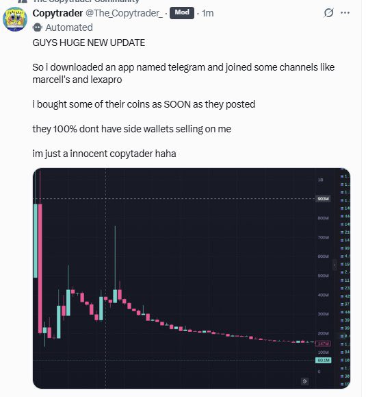 LOL The bot is hilarious.

A lot of room to grow still for copytrader:

1. Dex not paid yet (should pump more)
2. Unique lore
3. Relateable 🥲

See community: x.com/i/communities/…

42k HrPAP4nD5t94Emw4ru941NVR5Q7eK6hJNuxG3yJgbonk

dexscreener.com/solana/PjPRntG…