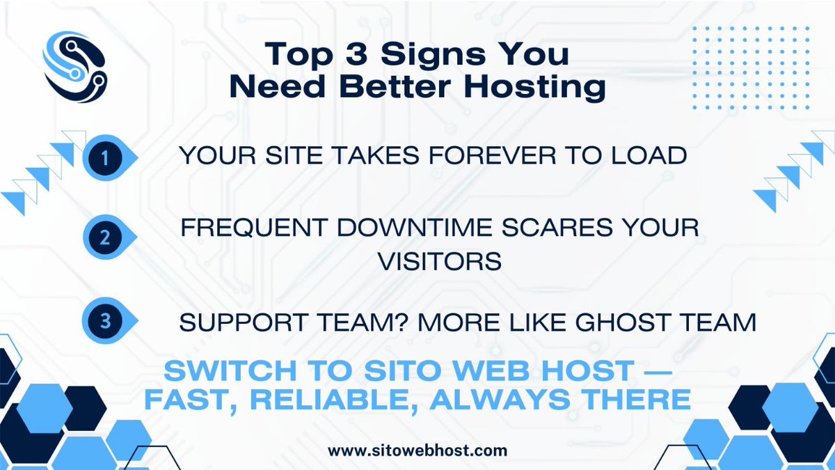 sparksailspk's tweet image. 3 signs you need better hosting:

Site loads slow

Constant downtime

Support team disappears

Make the switch to Sito Web Host — fast, reliable, always there.
sitowebhost.com | WhatsApp: +92 330 6897500
#NeedBetterHosting #SitoWebHost