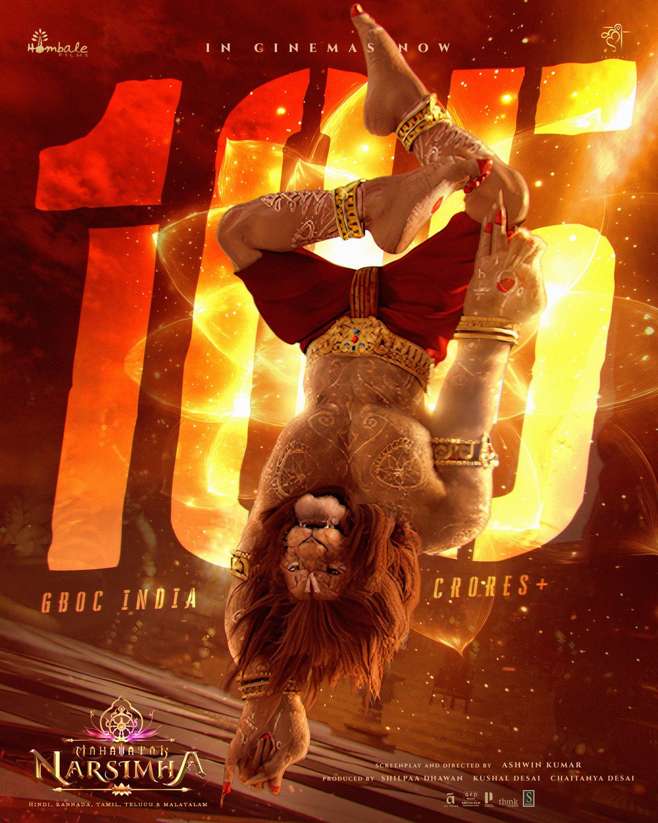 Hombale Films (@hombalefilms) on Twitter photo Roaring past records with divine force ๐ฆโค๏ธโ๐ฅ
#MahavatarNarsimha crosses 105 CRORES+ GBOC India, setting the box office ablaze with unstoppable momentum.
A divine phenomenon awaits you in cinemas.
#Mahavatar <a href="/hombalefilms/">Hombale Films</a> <a href="/AshwinKleem/">Kleem Productions</a> <a href="/kleemproduction/">Kleem Productions</a> <a href="/VKiragandur/">Vijay Kiragandur</a> <a href="/ChaluveG/">Chaluve Gowda</a> Roaring past records with divine force ๐ฆโค๏ธโ๐ฅ
#MahavatarNarsimha crosses 105 CRORES+ GBOC India, setting the box office ablaze with unstoppable momentum.
A divine phenomenon awaits you in cinemas.
#Mahavatar <a href="/hombalefilms/">Hombale Films</a> <a href="/AshwinKleem/">Kleem Productions</a> <a href="/kleemproduction/">Kleem Productions</a> <a href="/VKiragandur/">Vijay Kiragandur</a> <a href="/ChaluveG/">Chaluve Gowda</a>