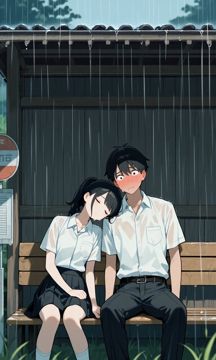 #AI夏来たりて百華アリ
#pixai 
【Summer rain】
幼馴染と部活の朝練帰りに急な夕立が降ってきた。
慌てて近くのバス停に雨宿り。しばらく駄弁っていたが急に返事がなくなり…肩にアイツの頭が乗っかかる。
薄い寝息とコロンの香りだろうか？
とても甘く爽やかな香りが漂っていくる……。
