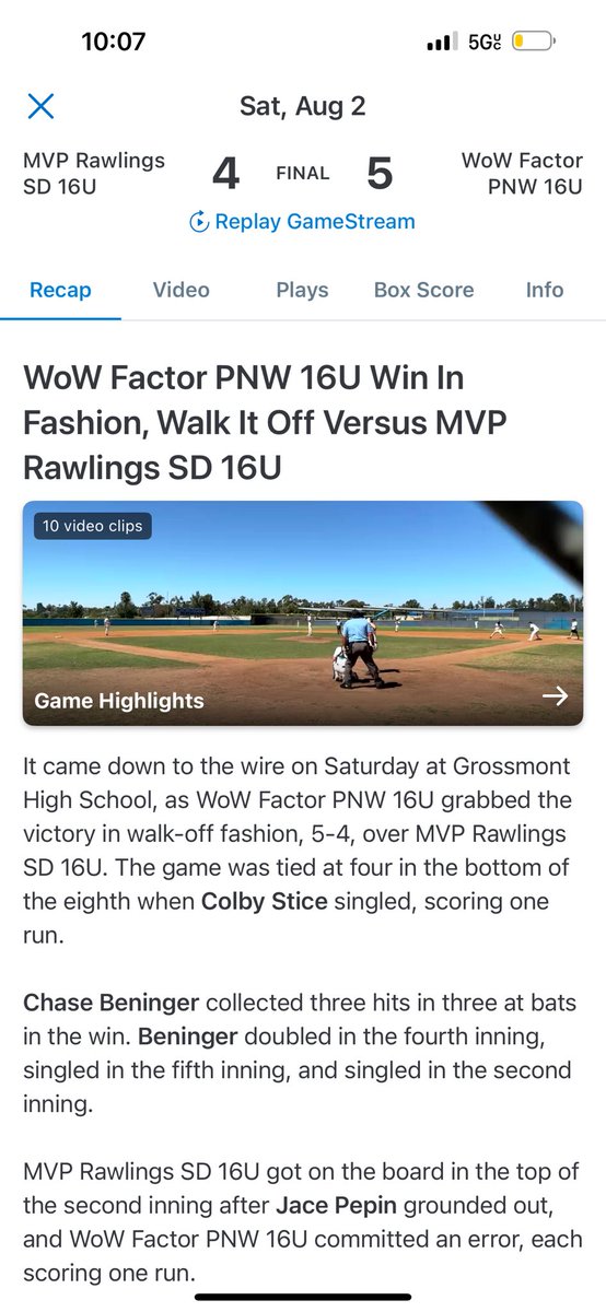 <a href="/WOWfactorPNW16U/">WoW Factor PNW 16U</a> walks off MVP Rawlings @ the USSSA World Series San Diego semifinals 5-4!!! 

<a href="/ColbyStice/">Colby Stice</a> 4-4 with the walk off hit to win and 2 RBI’s!!!
<a href="/BeningerChase/">Chase Beninger</a> 3-3 with 2B/2R/RBI!!
<a href="/elinash24_/">Eli Nash</a> 3-3/RBI/SB
<a href="/Trevor_v48/">trevor vorderbruggen</a> 5IP/2ER/8SO
Ethan West with 2 dominant IP and 3 SO’s!!