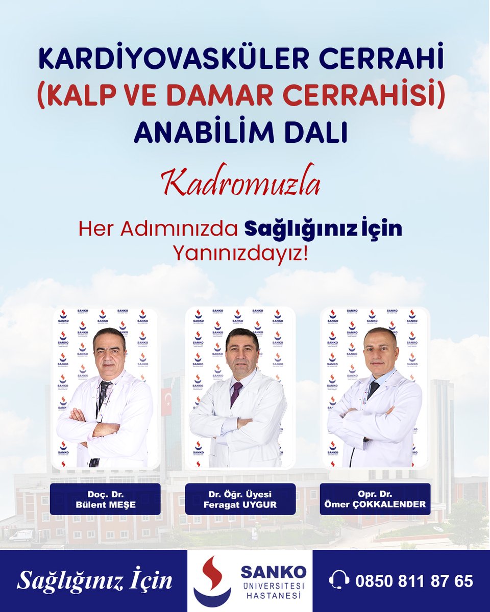 Kardiyovasküler Cerrahi Anabilim Dalı Kadromuzla Her Adımınızda Sağlığınız İçin Yanınızdayız!
#sankohastanesitr #kardiyovaskülerpolikliniği #kalpvedamarcerrahisiuzmanı #kalpvedamarcerrahisi